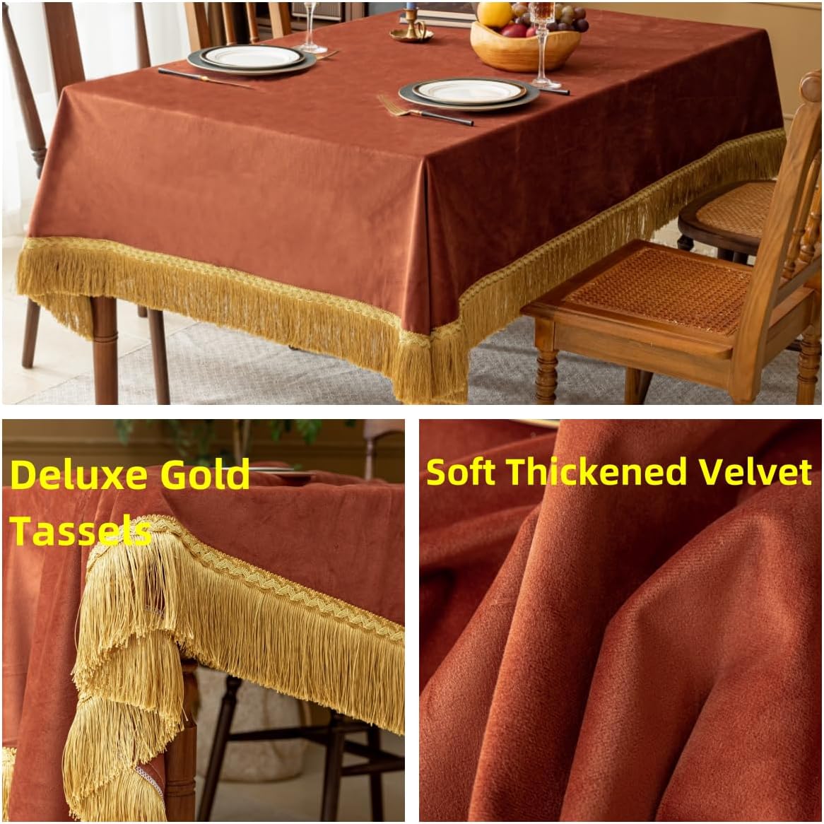 F-CHU Luxury Burnt Orange Tablecloth Thickset Velvet Tablecloth with Beautiful Gold Tassels Vintage Table Cloth for Home Decor Wedding, Party, Banquet and Events 67x120-Inch
