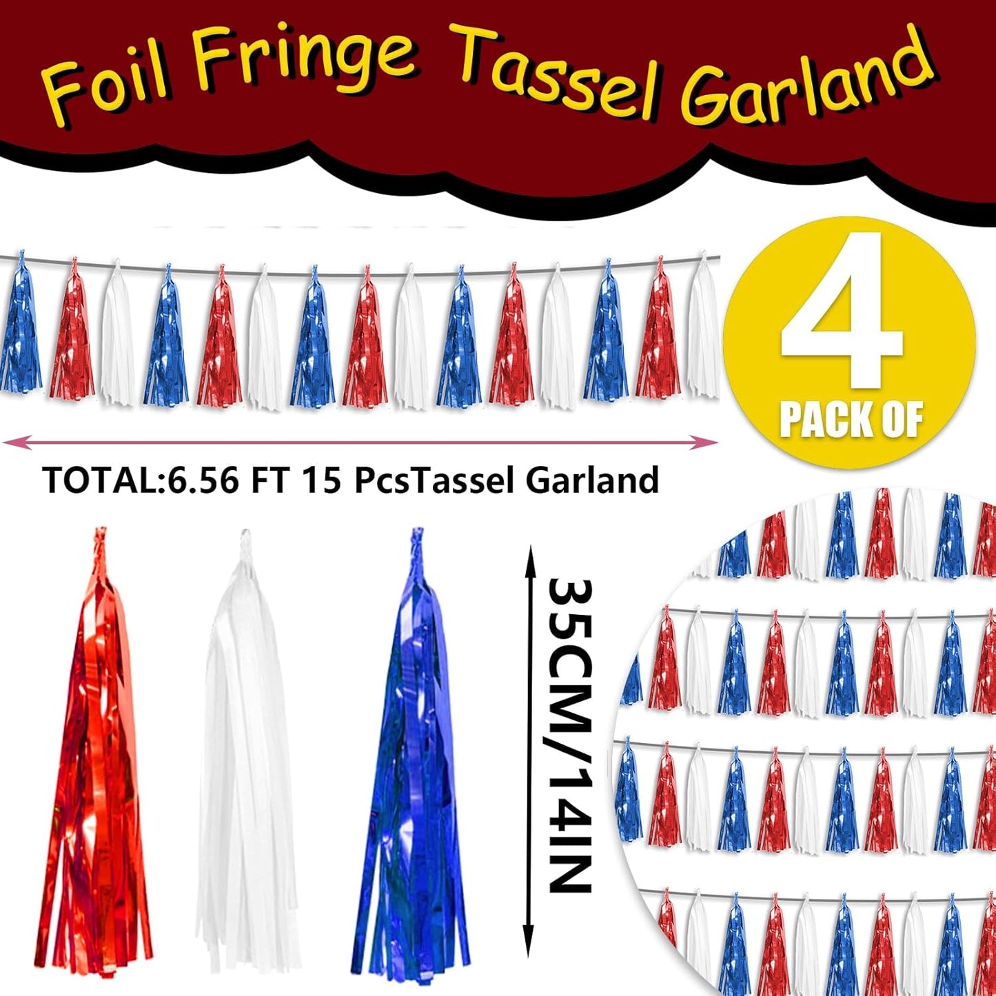 4P Metallic Fringe Tassel Banner Garland Foil Tinsel Streamer Wall Curtain Backdrop for Parade Floats, Graduation, Independence Day, 4th of July, Patriotic Themed Party Decoration(White Blue Red)