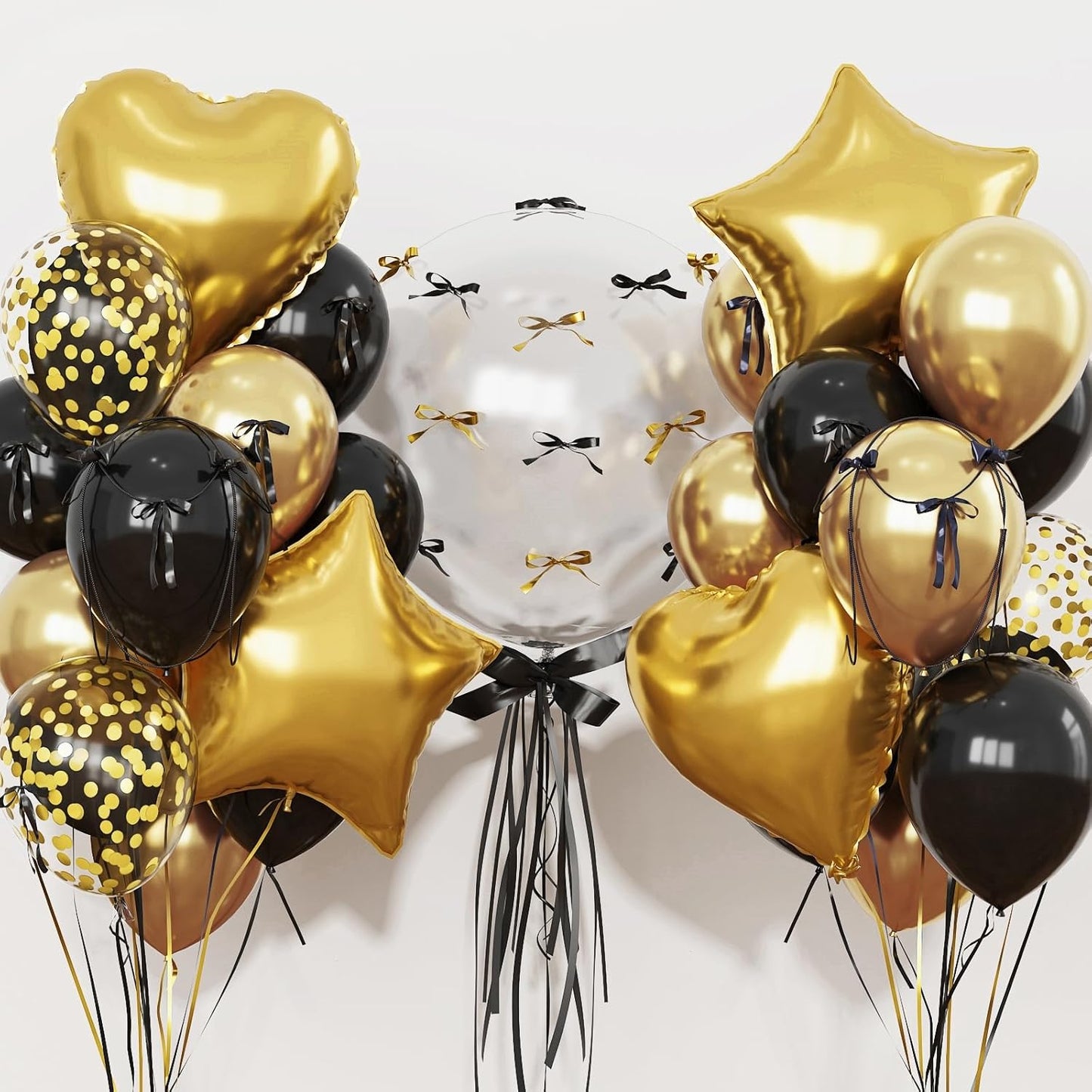 Black and Gold Balloons Heart Star Shape Foil Balloons for Birthday Party, Metallic Gold and Black Party Decoration 18 in Clear Confetti Heart Star Mylar Balloon as Graduation 2025 Prom Supplies Decor