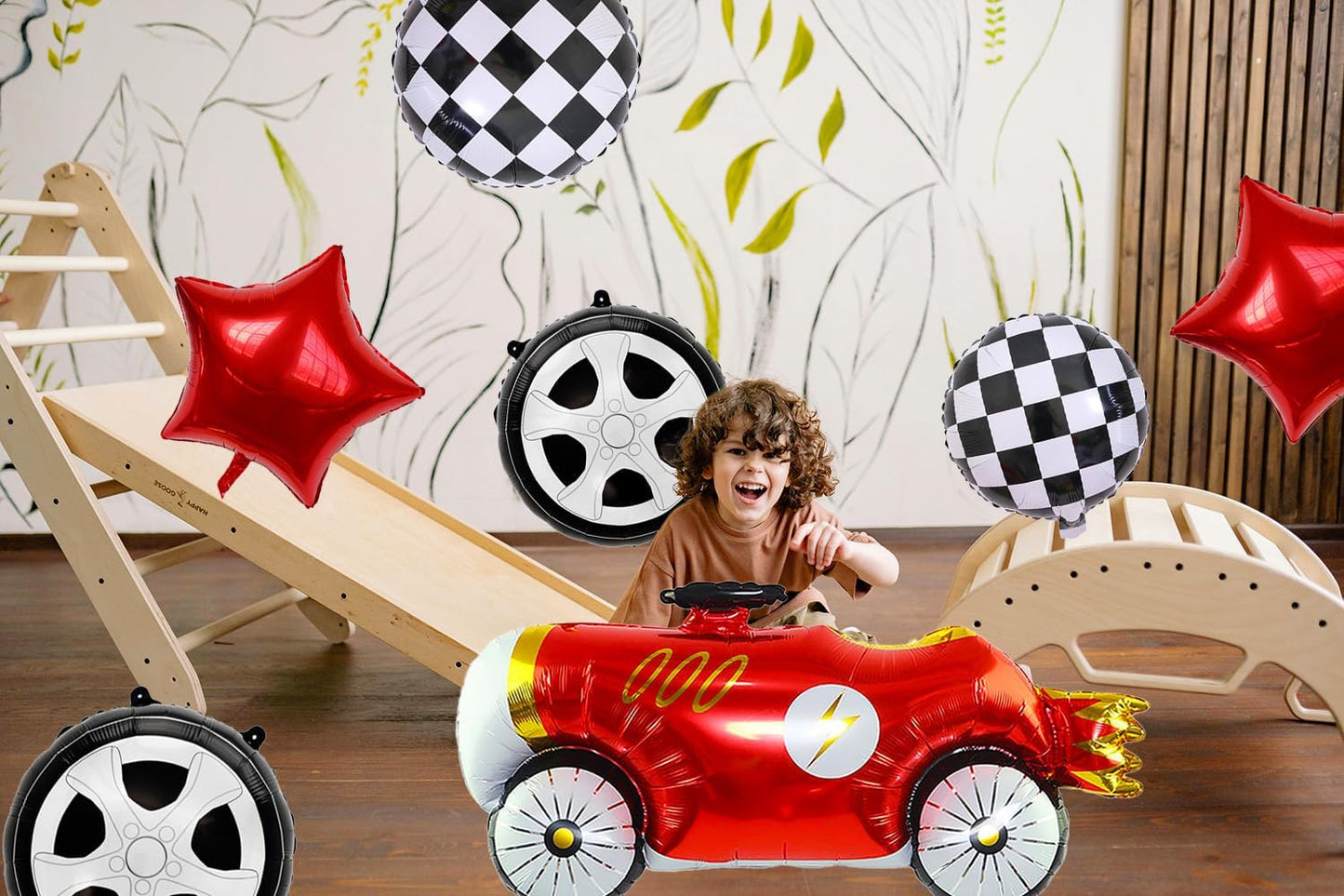 7 Pcs Vintage Race Car Balloon Set,Black and White Checkered Car Wheel Red Star Foil Helium Balloon,Racing Theme Birthday Party Baby Shower Decorations Supplies