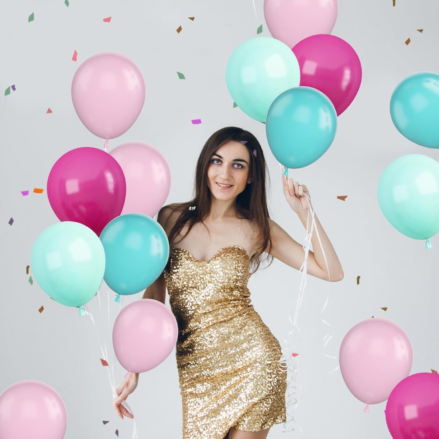 Pink Blue Balloons, 60Pcs Hot Pink Teal Blue Balloons, 12 Inch Hot Pink Confetti Helium Balloon Rose Red Turquoise Latex Balloon for Birthday Wedding Baby Shower Summer Flamingo Party Decorations