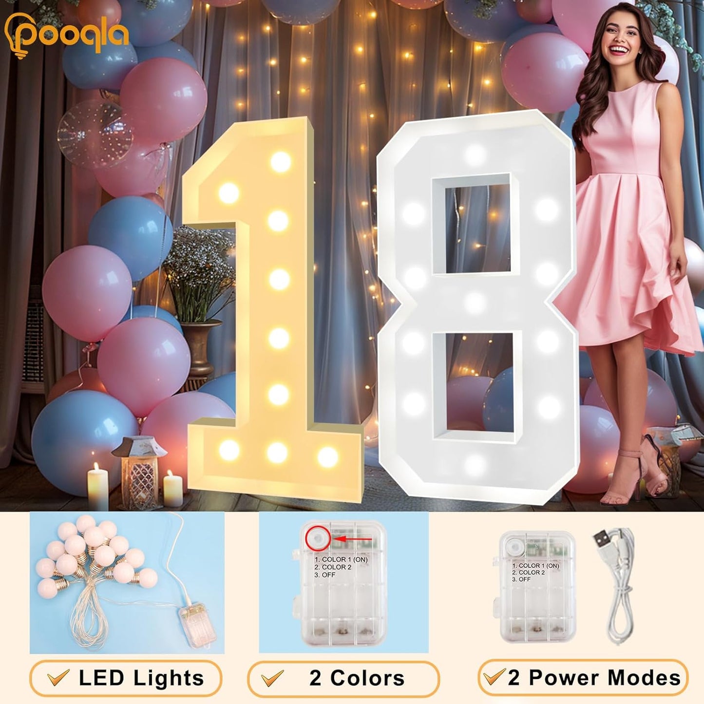 Pooqla 4 FT Light Up Marquee Numbers, Giant Mosaic Light Up Numbers Cool White and Warm White LED, Large Lighted Marquee Numbers for Balloons 1st 16th 21st Birthday Party Decoration, LED Number 1