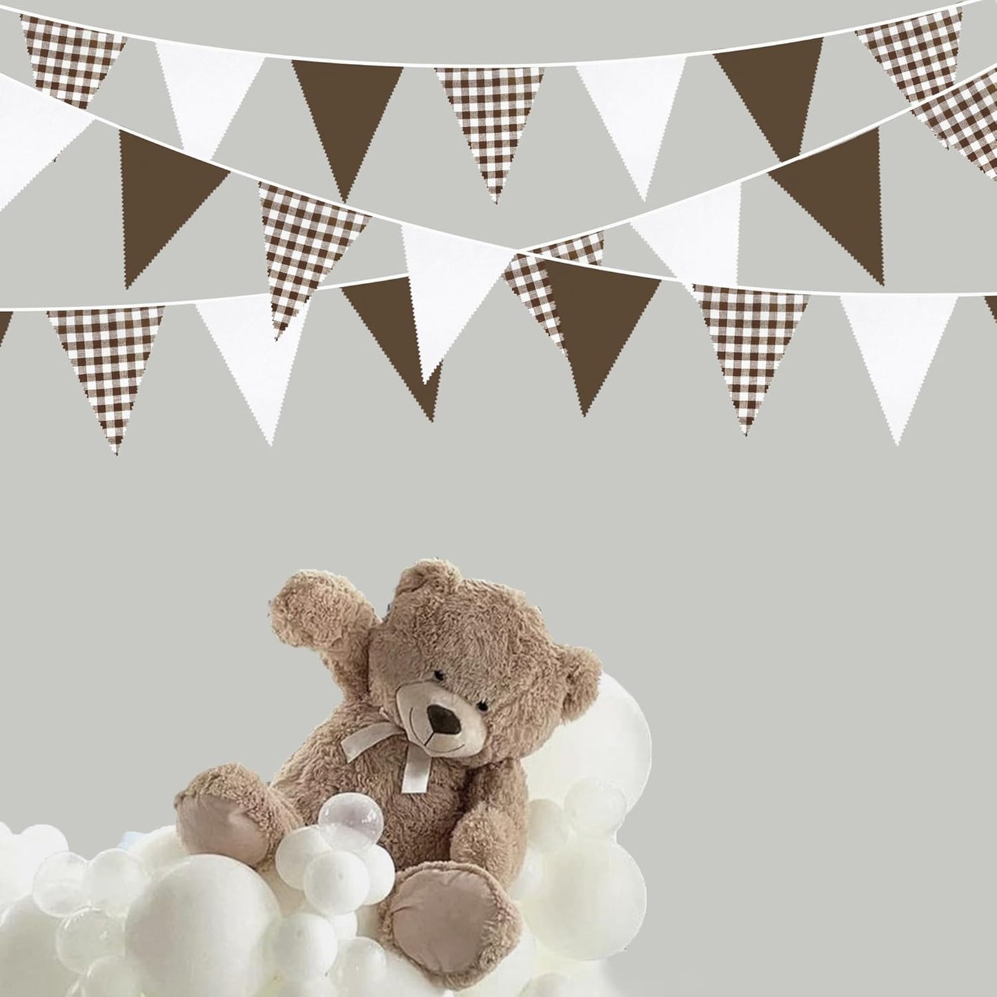 32Ft Coffee Brown Party Decorations Brown Buffalo Plaid Checkered White Triangle Flag Gingham Pennant Bunting Fabric Garland for Woodland Teddy Bear Baby Shower Birthday Home Outdoor Garden Decor