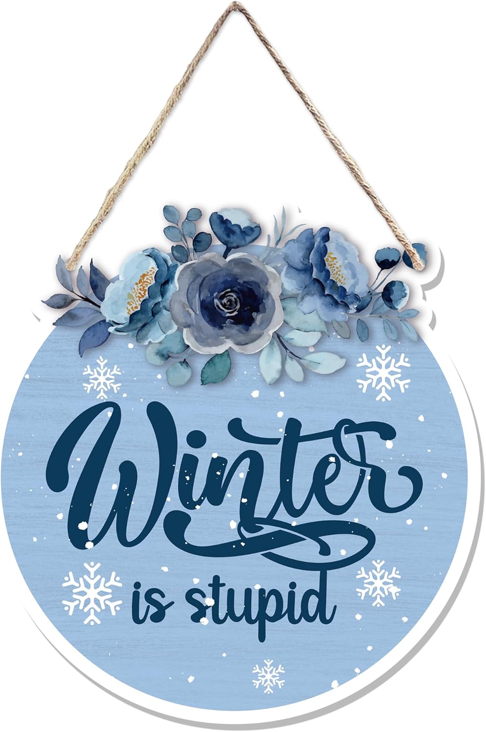 CGBHW Funny Navy Blue Winter Christmas Wooden Sign, Winter Snowflake Snowy Dusty Blue Flowers Decoration Hanging Sign Wall Decor, Christmas Seasonal Holidays Wooden Signs for Home Door Decor 12 x 12 Inch
