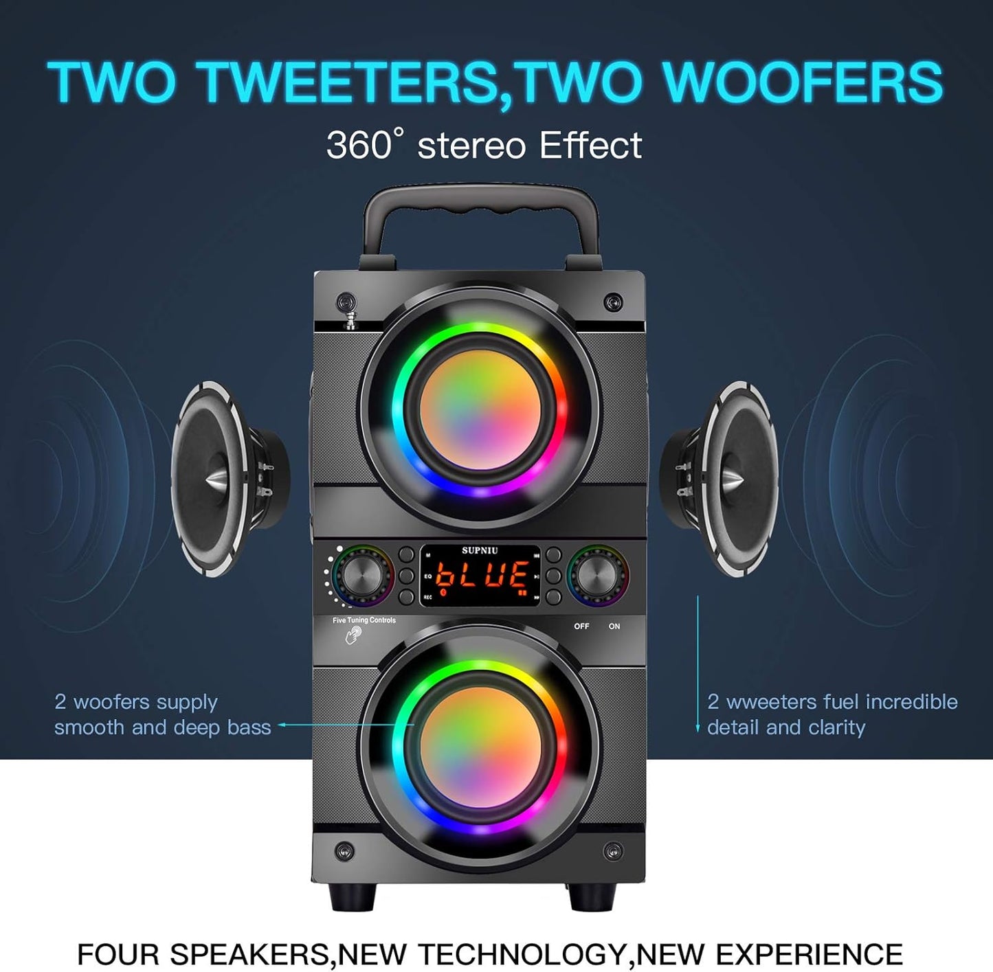 60W (80W Peak) Portable Bluetooth Speaker with Double Subwoofer Heavy Bass, Bluetooth 5.0 Wireless 100ft Outdoor Speaker, Support FM Radio, LED Colorful Lights, Stereo Sound, for Home, Party, Travel