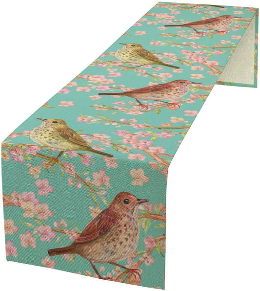 Table Runner with Flowers and Birds, Spring Plant Flowers Table Decoration Linen Table Runner Family Party Party Decorations 13x90 Inches