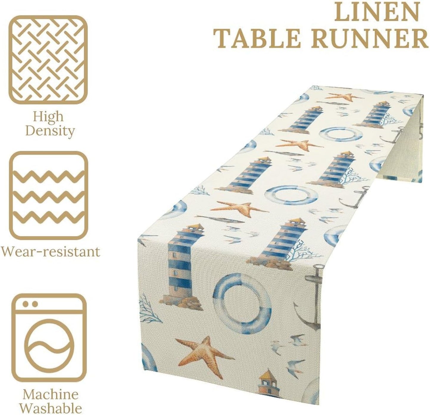 Blue Beach Table Runner, Tropical Ocean Coast Table Runner, Seashell Seasonal Nautical Restaurant Coffee Table Decorations for Home Holiday Party Indoor Outdoor 13x60 Inch