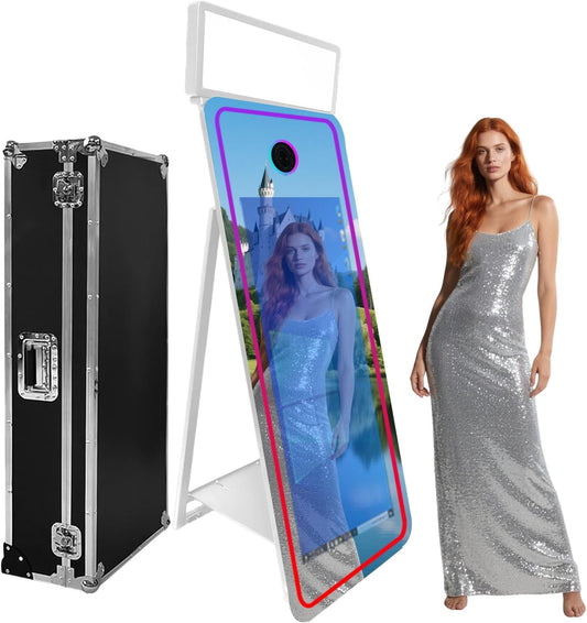 65''Magic Mirror Photo Booth Machine,Mirror Photo Booth 43''Touch Screen,Photo Booth with Flight Case,App Control,RGB Light for Wedding Party Events (White, Machine)