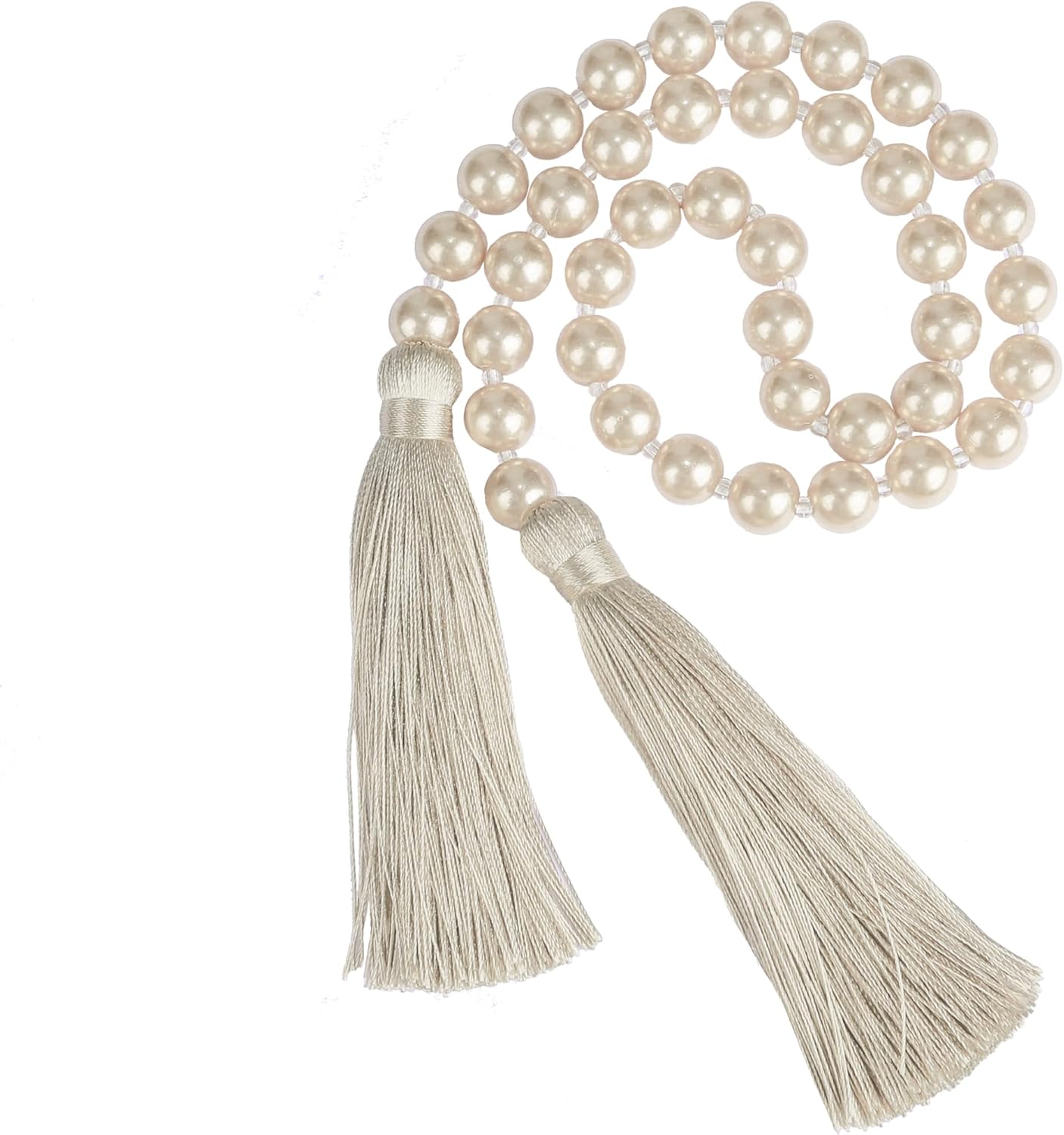 Fenghuangwu 34 Inch Glass Bead Garland with Tassels - Elegant Boho Table Decor, Fringe Wall Hanging for Wedding, Party, Farmhouse Rustic Prayer Bead Home Decoration(2 Pack,Off White)
