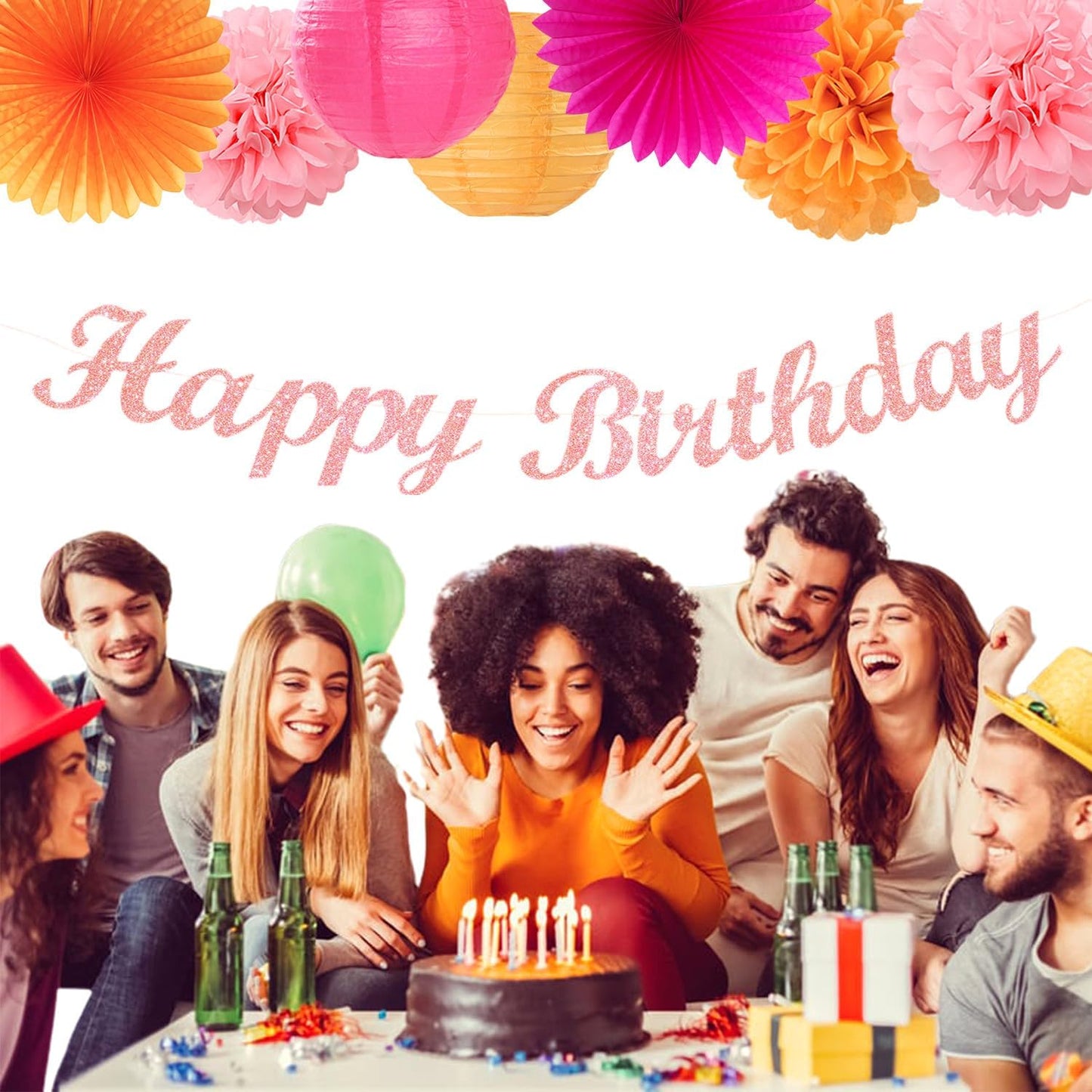 Hot-Pink Orange 21st Happy-Birthday Party-Decorations - 31pcs Sweet 16 18th Women Girls Paper Lanterns Streamers Banner,Tissue Pom Poms Fans Tassels Graland Decor,Fall Boho Backdrop Supplies Hugmoon