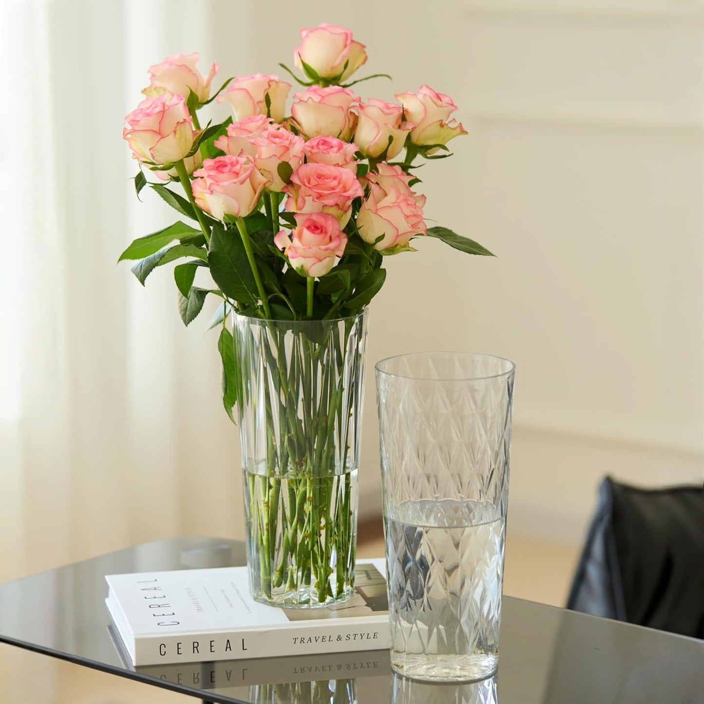 2 Clear Crystal Plastic Flower Vase, 10.2" Acrylic Rose Bouquet Vases for Home Decor Centerpieces Wedding Birthday Mothers (D4.6 2 + 2 Holder)