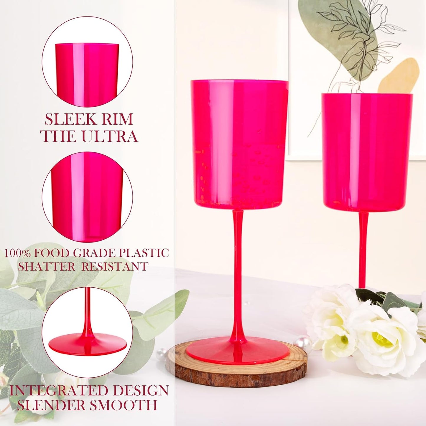 Ciaell 12 Pack Plastic Wine Glasses - 14Oz Hot Pink Plastic Wine Glasses With Stem - Disposable Stemmed Cups for Parties & Weddings