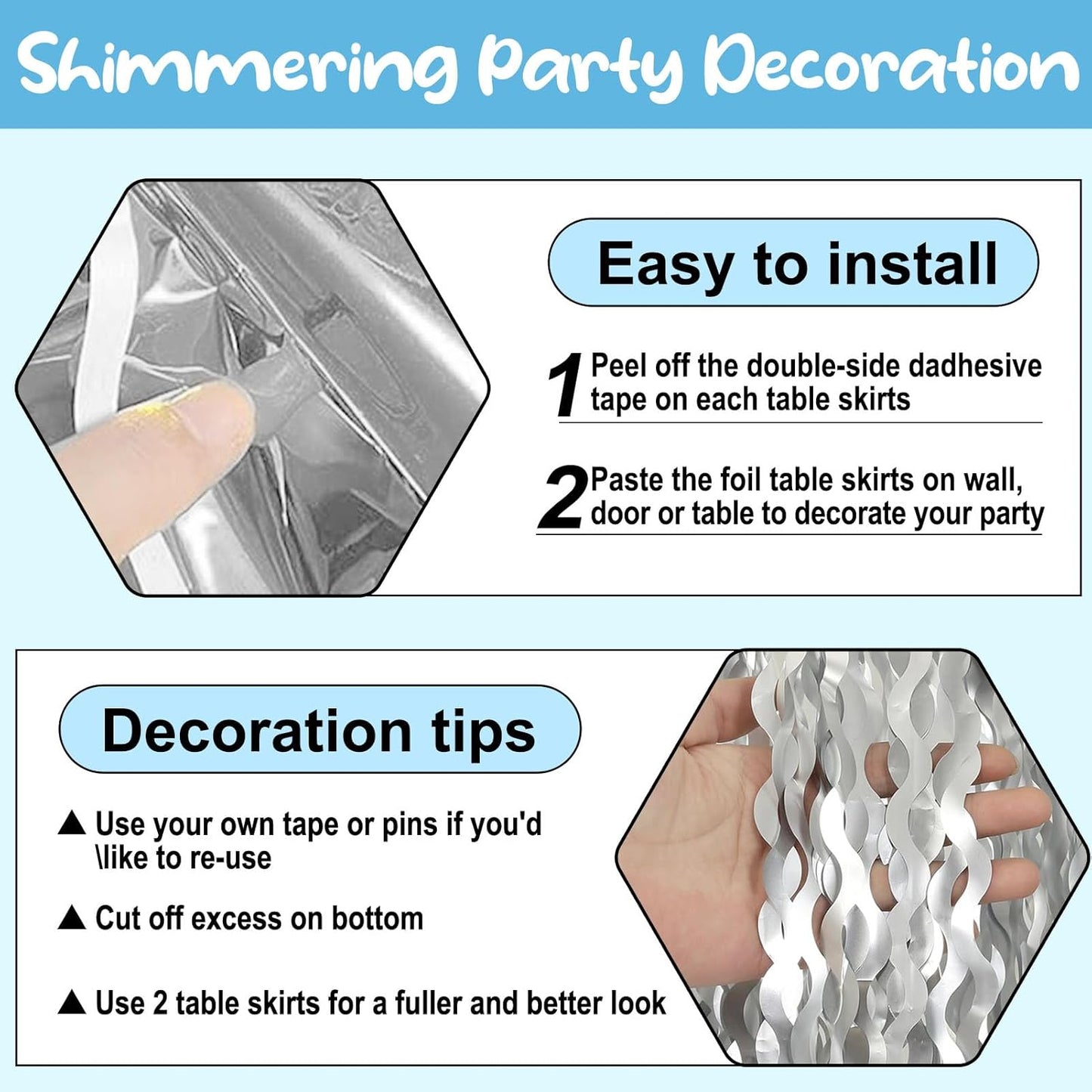 6 Pack 29 x108 Inch Silver Wave Foil Fringe Table Skirts Metallic Banner for Tinsel Streamer Garland Backdrop for Parade Floats, Mother's Day, Easter, Wedding, Birthday Party Decoration