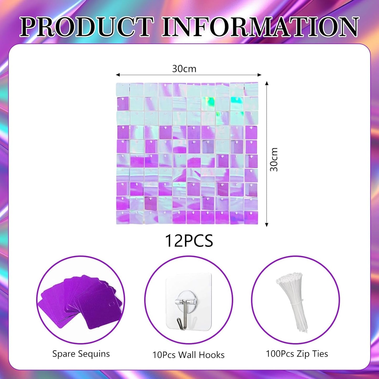 12PCS Colorful Purple Shimmer Wall Backdrop, Square Sequin Photo Backdrops Panel, Glitter Wall Background for Birthdays, Weddings, Christmas, Engagements, Disco Bachelorette Party Decor (3FTx4FT)