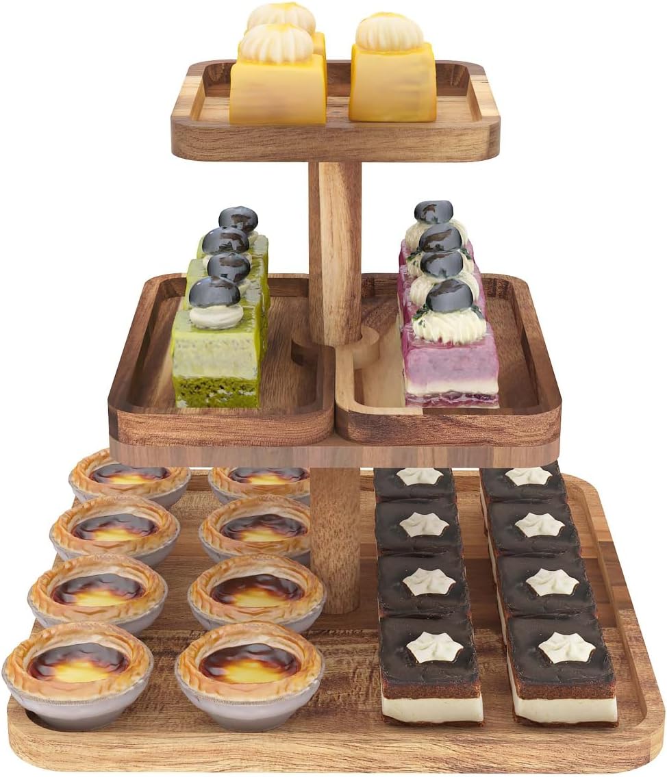 Acacia Wood 3 Tier Cupcake Stand with 2 Removable Snack Tray, Rustic Square Cup Cake Tower Stand for 25 Cupcakes, Display Cakestand for Wedding, Birthday, Serving Tea Party, Natural