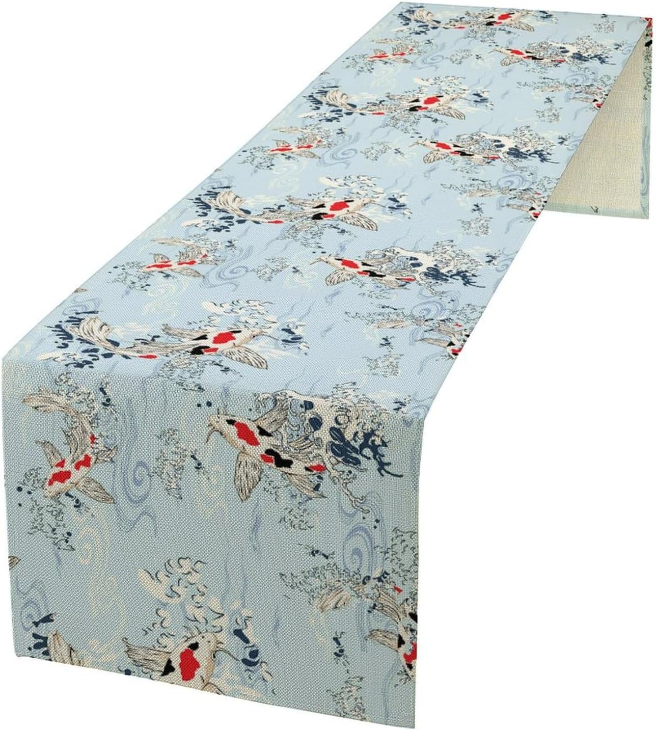 Kio Fish Table Runner Waves Retro Japanese Tradition Art Printed Burlap Runner Home Kitchen Dining Table Living Room Decor Fabric 1 Panel W13xL60in