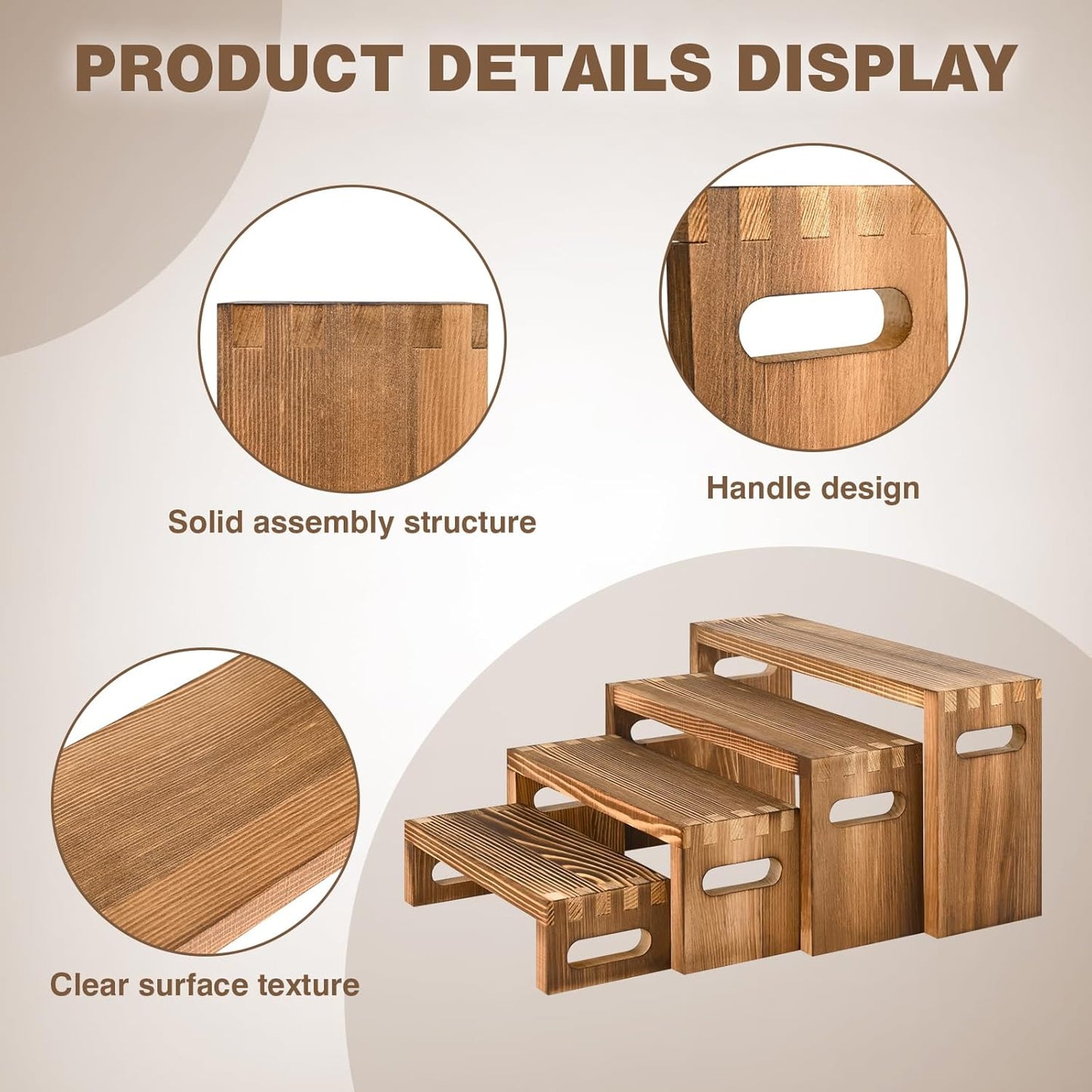 8 Pcs Wood Risers Display Stands, 2 Set Wooden Risers for Table Display, 4 Tier Rectangular Riser Display Stand Wooden for Cupcake, Desserts, Perfume, Collections, Jewelry Showcase