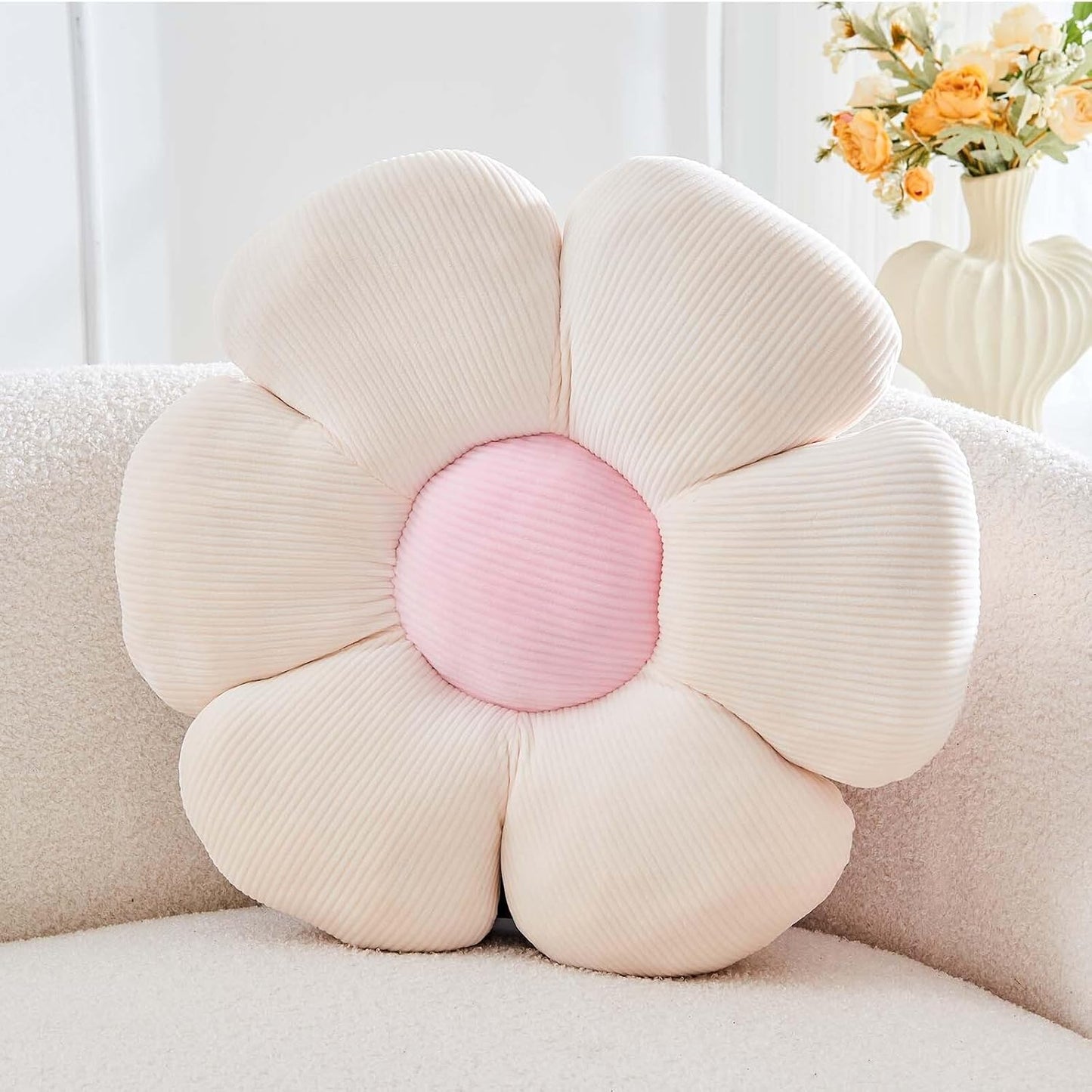 Beige Flower Pillow, 14.9" Cute Flower Shaped Floor Pillow, Aesthetic Floral Plush Daisy Decorative Throw Pillows for Bed Sofa Couch