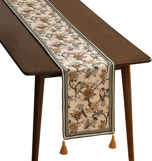 ISAENNE Designer Vintage Beige Linen Table Runner 118 Inches Extra Long,Elegant Floral and Bird Pattern Decor Table Runners for Dining Tables,Thanksgiving,Christmas,Banquet,Party,12"*118"-Murad A