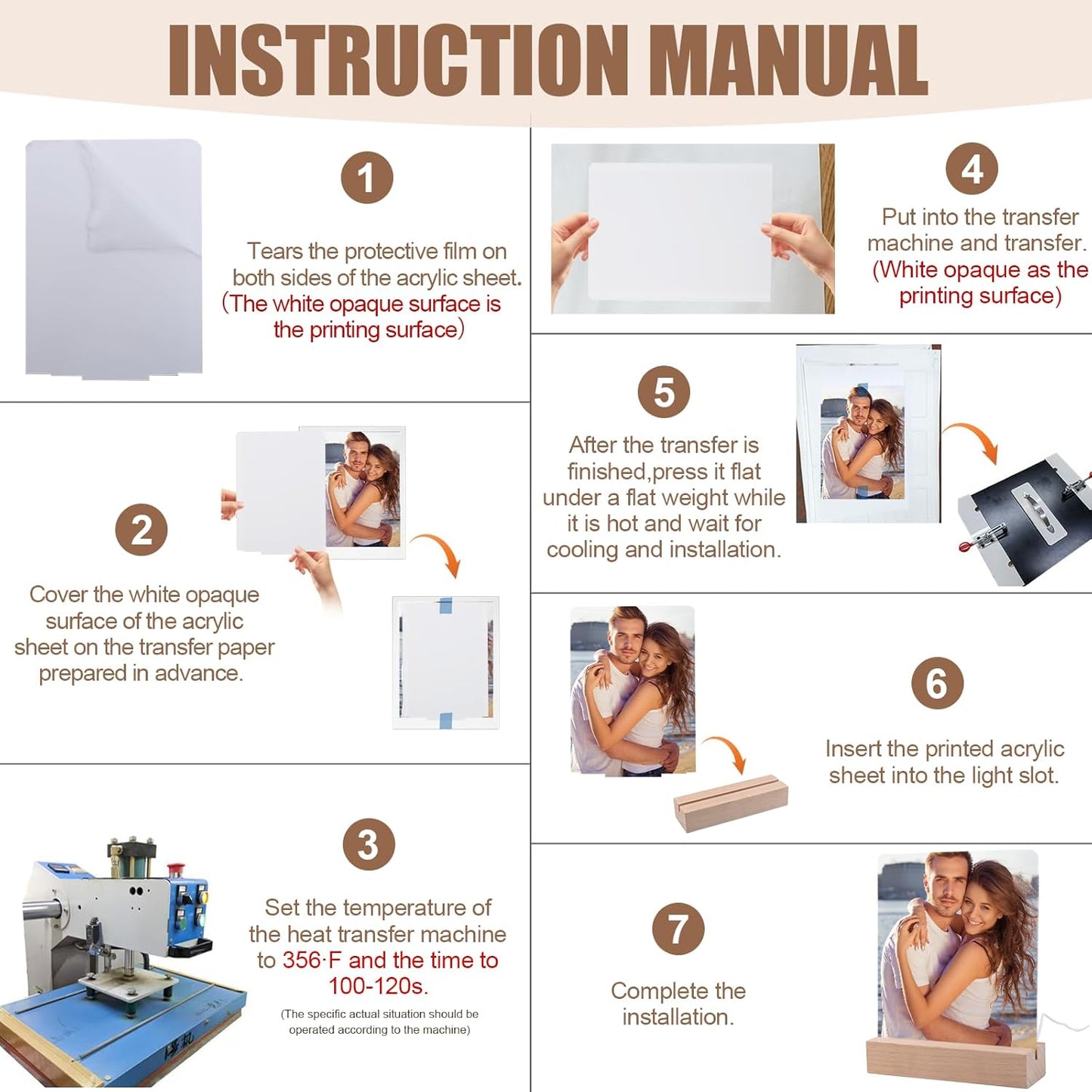 6" x 8"- 6 pcs Acrylic 4 pcs Frame Sublimation LED Acrylic Photo Frames Night Lights Blanks Heart Shape,with Warm Color Light with Wood Stand for Heat Press Machine Printing