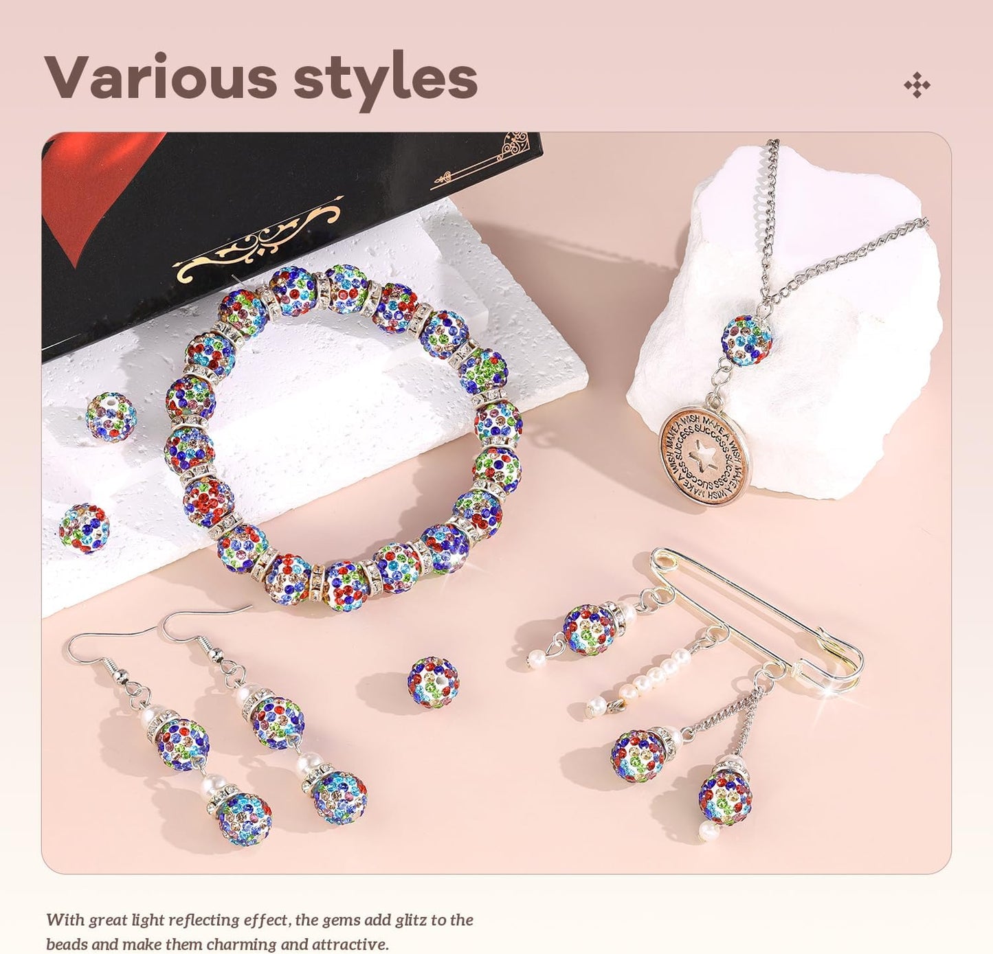 200pcs 10mm Rhinestone Beads for Jewelry Making, White Mixed Shiny Round Disco Ball Beads Bulk, Sparkle Crystal Clay Christmas for Bracelet Baseball Necklace Earring Crafting and DIY