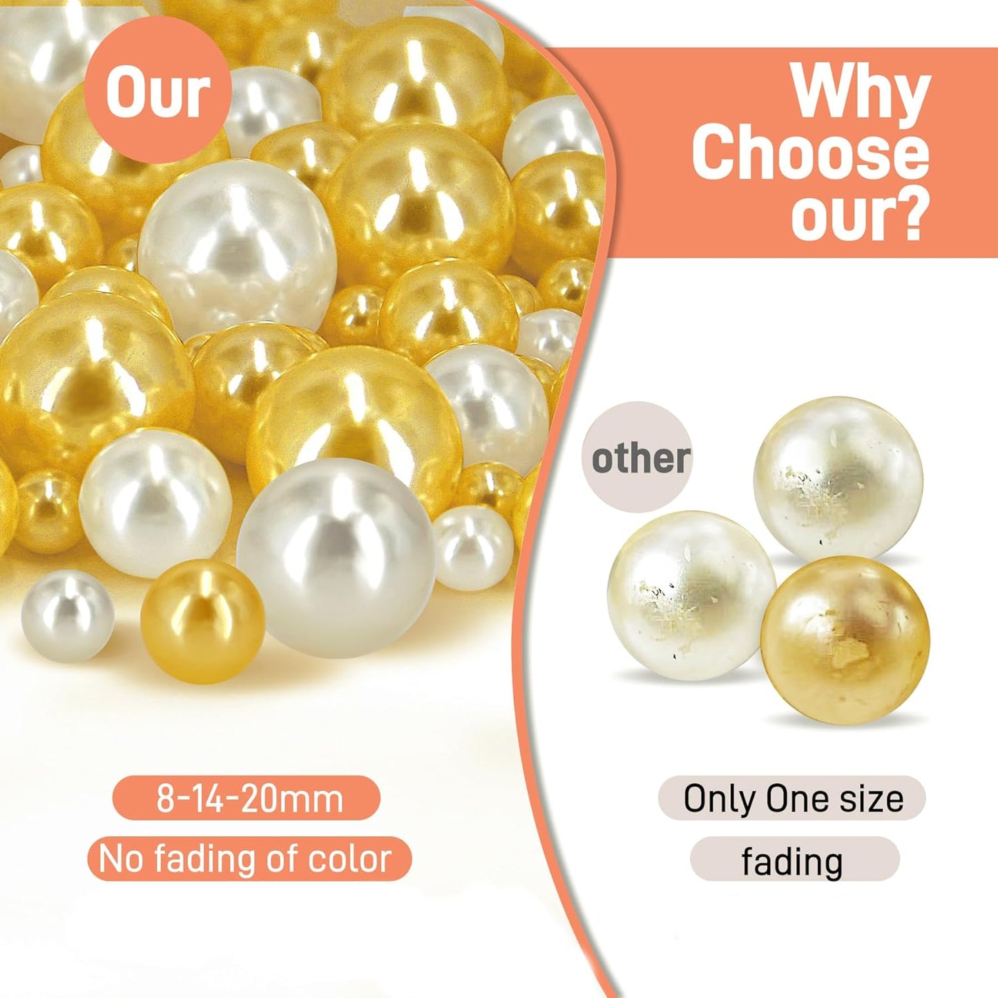 180PCS Cream Gold Beads for Centerpieces Vases, No Hole Polished Pearl Makeup Beads Mixed 8/14/20mm Sizes, Pearl Vase Fillers Table Scatters for Party Wedding Decor