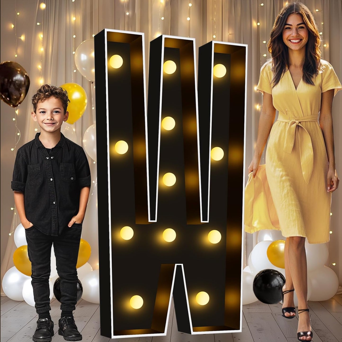 Pooqla 4 FT Marquee Light Up Letters, Black Marquee Letter Lights 4 Feet Tall for Birthday Decoration, Big Mosaic Letters Sign for Balloons Party Anniversary Wedding Decorations, Giant Warm White W