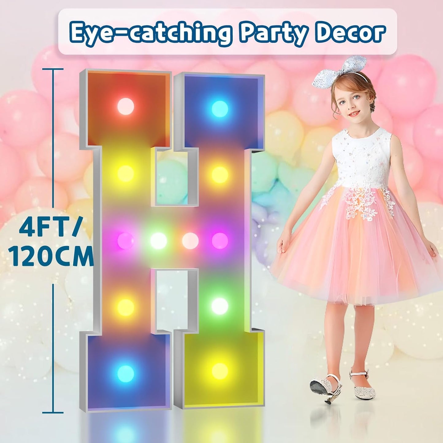 imprsv 4FT Colorful Marquee Light Up Letters H, 18 Colors Large Light up Letters Alphabet Sign with Remote, Large Marry Me Sign, Birthday Party Decorations Baby Shower Anniversary Wedding Decoration