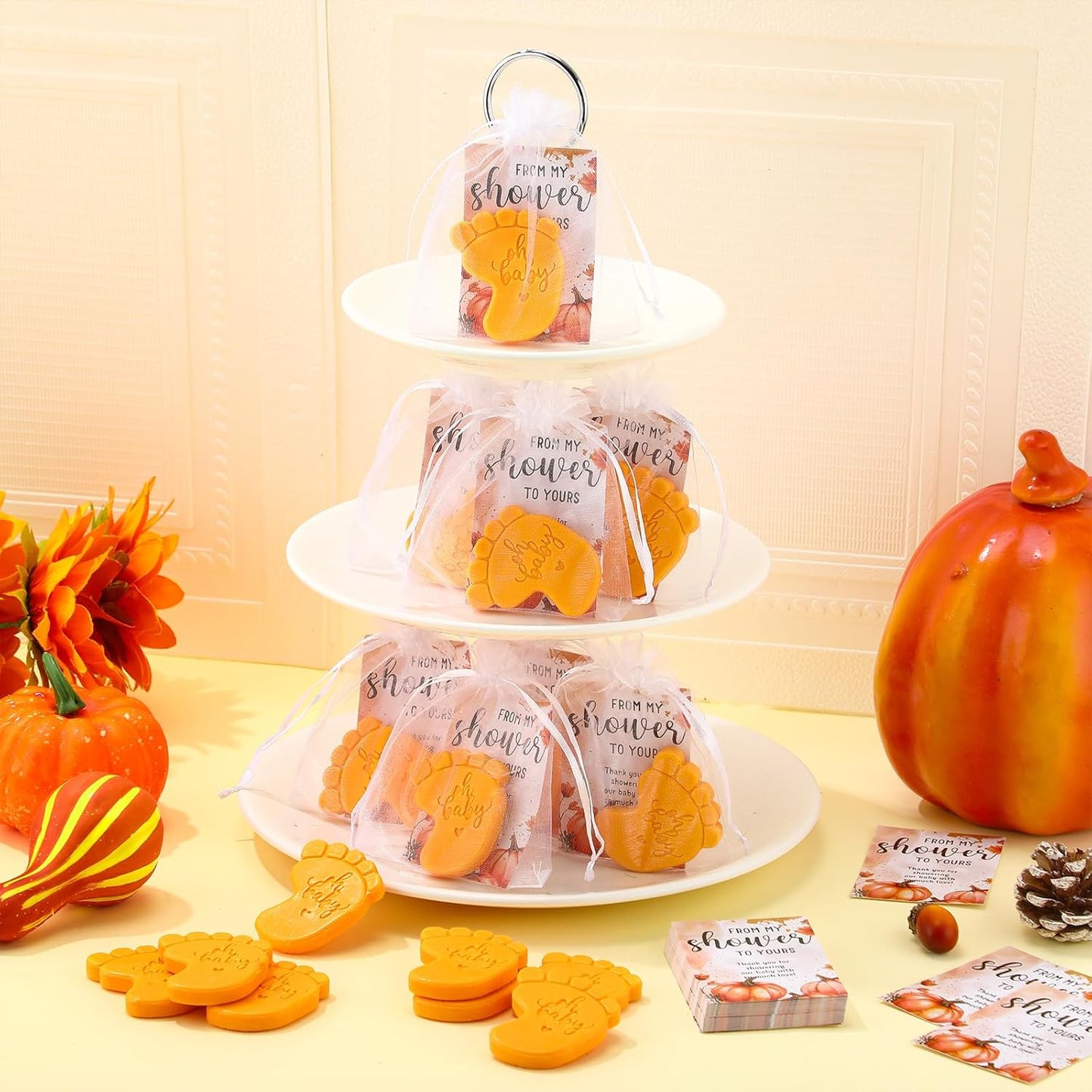 50 Sets Baby Shower Soap Favors for Guests - Mini Handmade Footprint Scented Soap with Thank You Cards and Organza Bag, Party Gifts for Gender Reveal Baptism Shower(Pumpkin Orange)