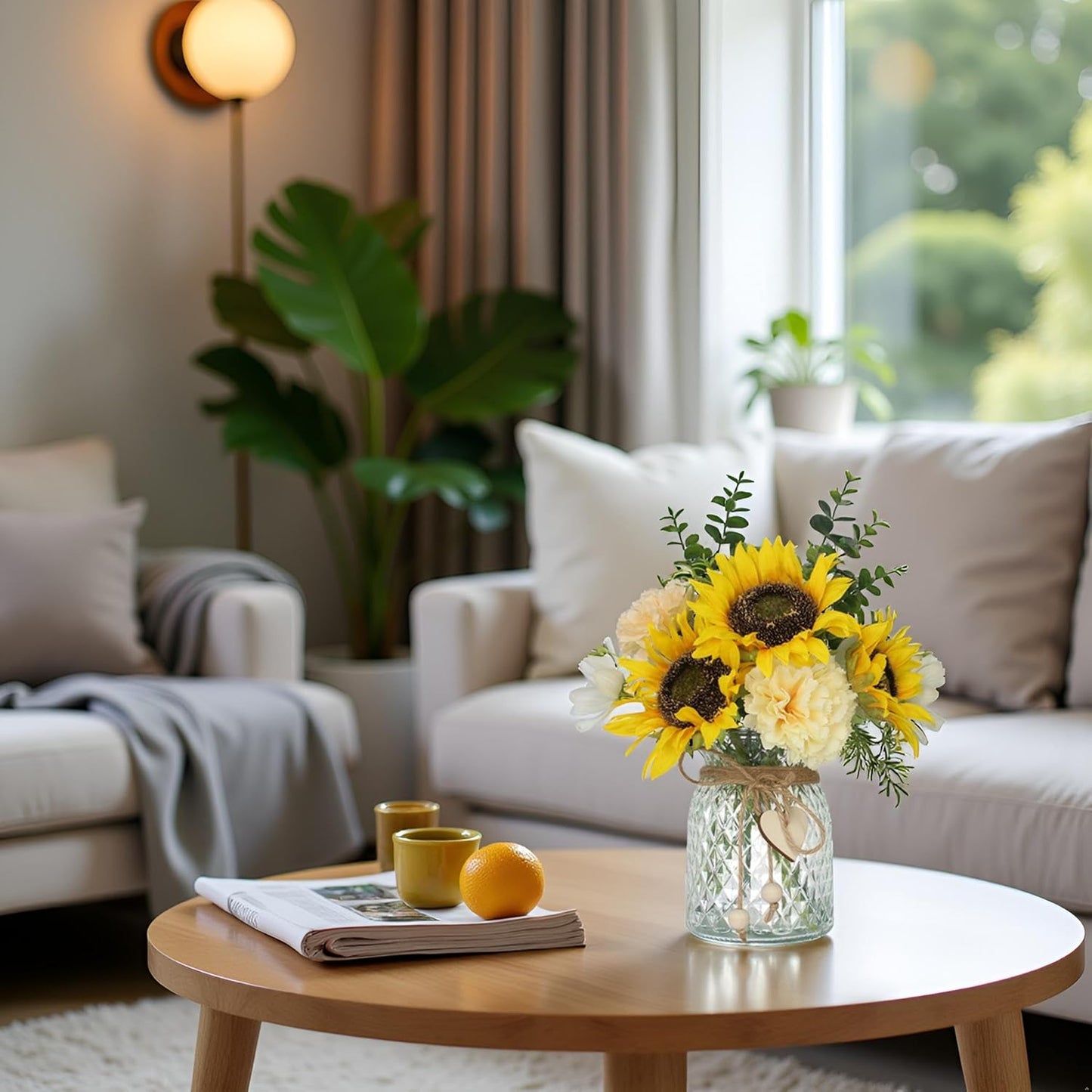 Fake Flowers in Vase,Artificial Sunflower Bouquets in Vase with a Flower Arrangement Holder,Table Centerpieces for Dining Room,Flower Centerpieces for Tables,Faux Flowers for Coffee Table Decor