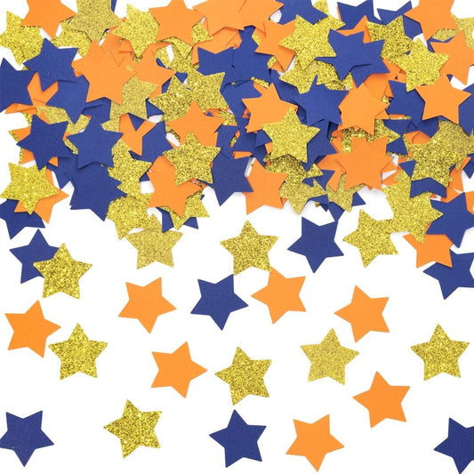 Gold Blue and Orange Star Confetti Table Decoration for Graduation Birthday Retirement Theme Party,1.2 inch in Diameter,200 Counts