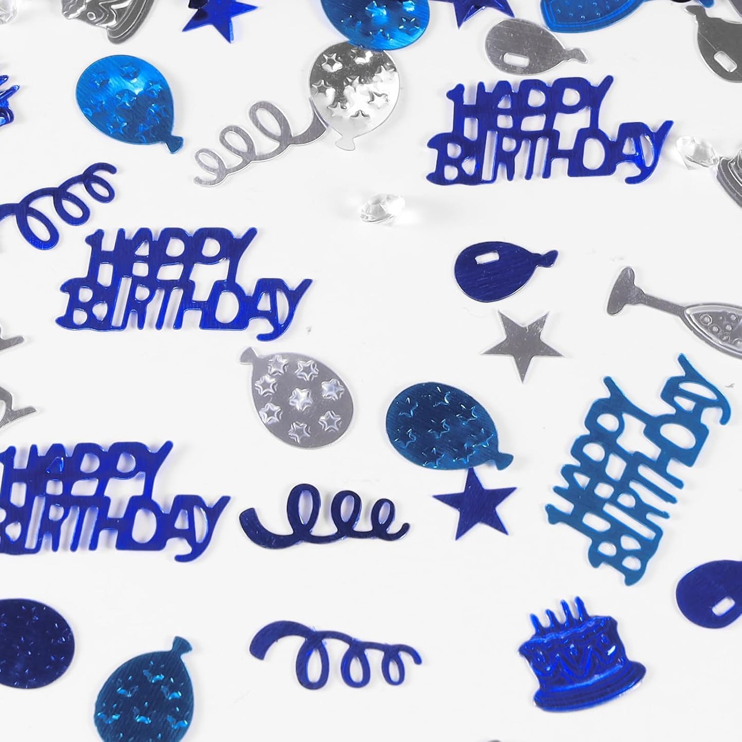 VHUWE Happy Birthday Confetti, 1.6 oz Dark Blue Light Blue Silver Cake Balloon Star Goblet Bottle Glitter Confetti for Boys Girls Kids Women Men Happy Birthday Party Table Decorations Supplies