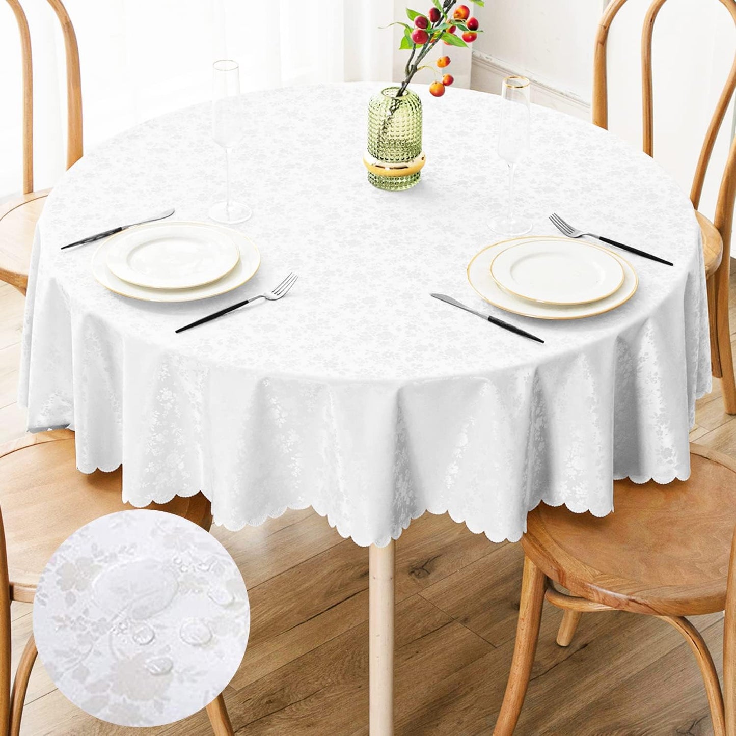 Smiry Round Table Cloth, Waterproof Heavy Duty Vinyl Tablecloths, Wipeable Washable Table Cover for Kitchen and Dining Room (White, 70" Round)