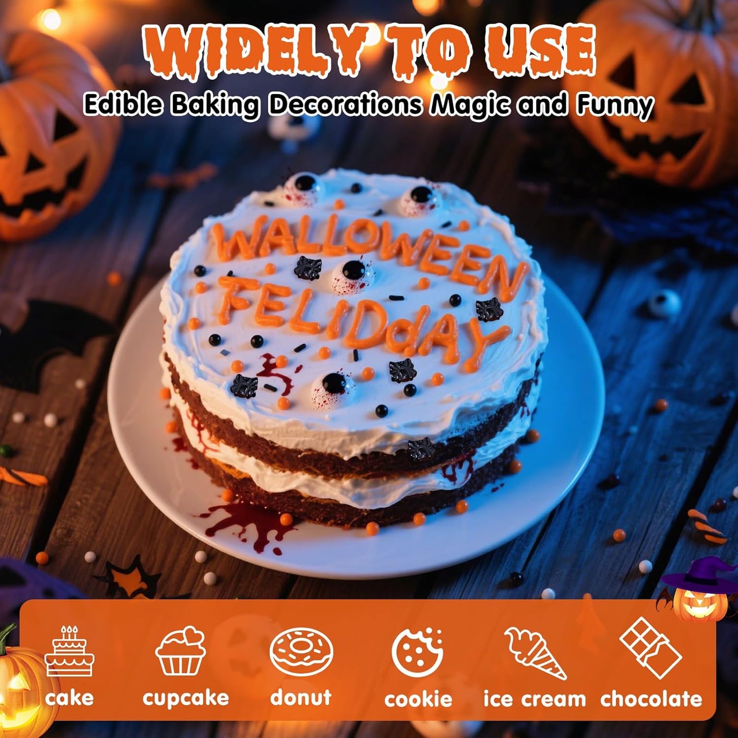 Halloween Terrifying Sprinkles,Candy Bloody Eyeballs,Orange Pearls Black Spider Sprinkle Edible Jimmies Mix,Perfect for Cake Decorations, Baking, Ice Cream, Cookies, Cupcake Topper,Halloween Supplies Children's Party,130g/4.58ounce