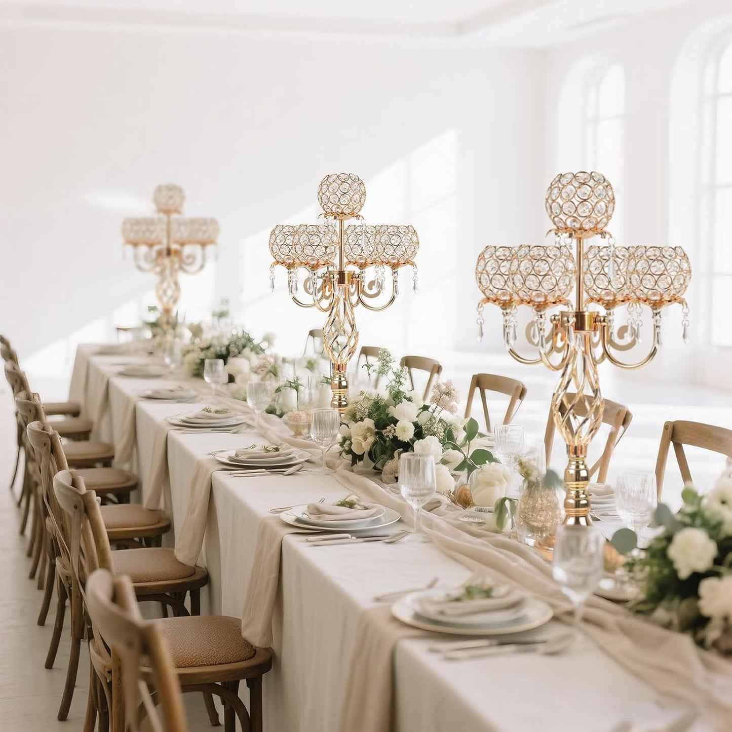 5-Arm Crystal Candelabra Centerpiece 23.2" Tall - Elegant Candle Holder Stand with Crystal Bowl, Chic Table Decor for Weddings, Parties, Anniversary & Home Decoration (2, Gold)