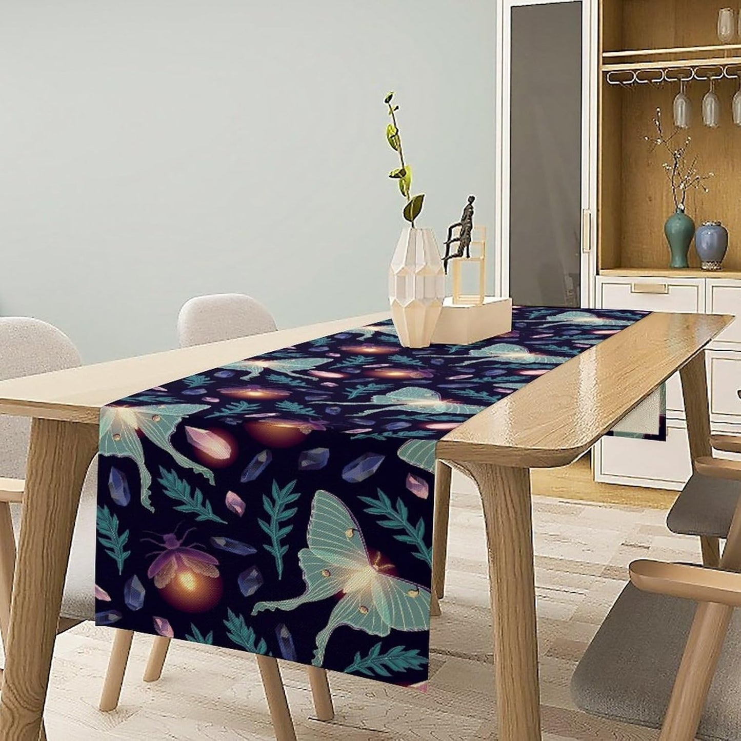 Moth Table Runner, Retro Boho Aesthetic Blue Moth Magic Table Runner for Home Kitchen Dining Party Indoor Outdoor Decoration 13x36 Inch