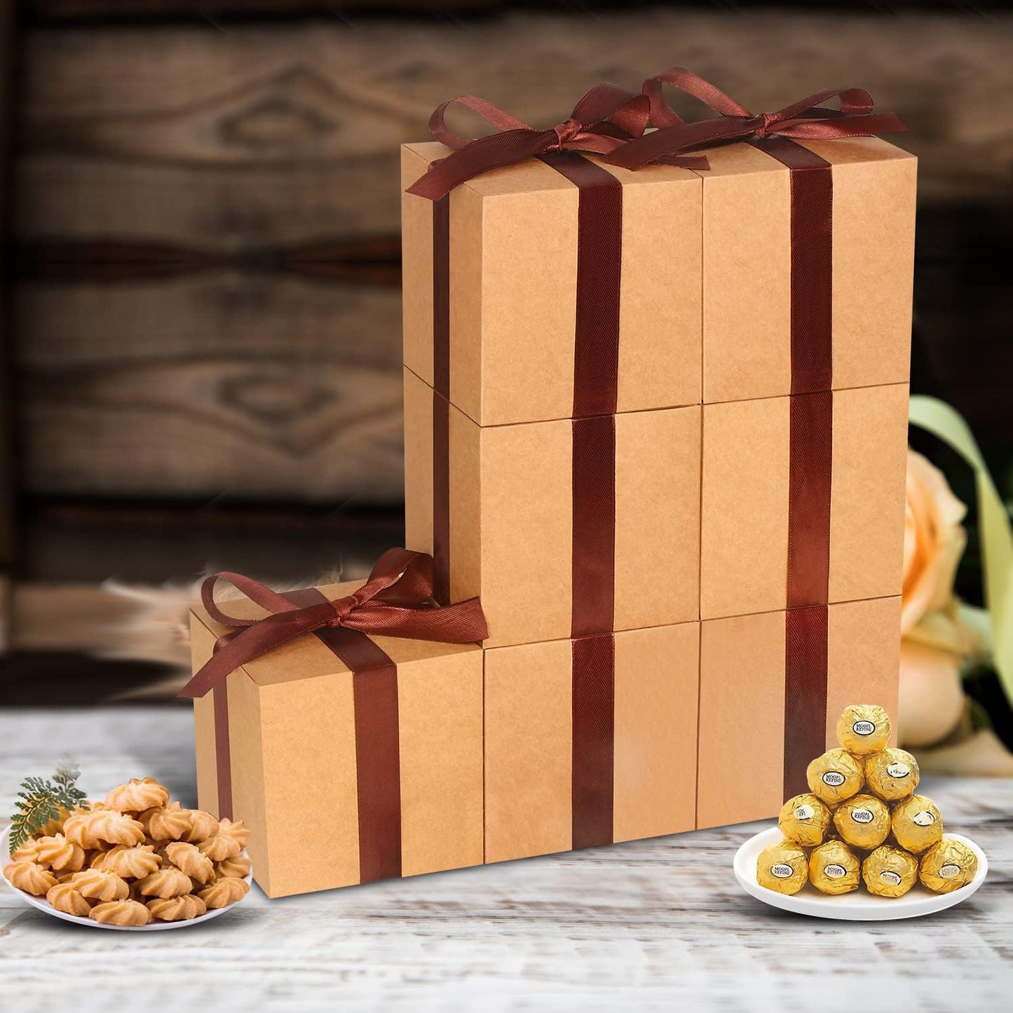 50 Pack Small Gift Boxes, 2x2x2 Favor Boxes Brown Paper Gift Boxes with Lids for Presents, Crafting, Cupcake Boxes, Gifts, Candy Boxes for Wedding Party Bridal Shower Baby Shower Favors