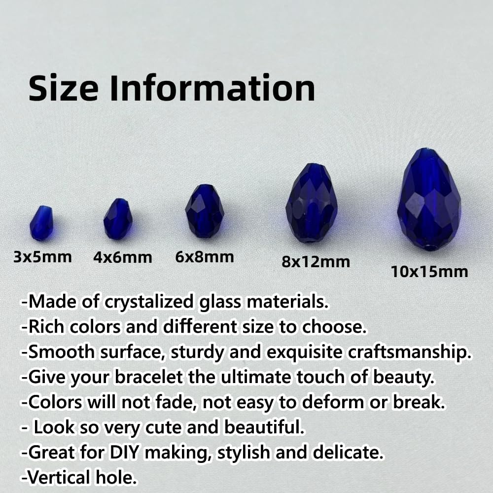 50pcs 10x15mm Teardrop Crystal Glass Beads for Jewelry Making, Faceted Vertical Hole Teardrop Glass Spacer Beads for Wind Chimes Bracelet Earring Necklace DIY Craft(Dark Blue)