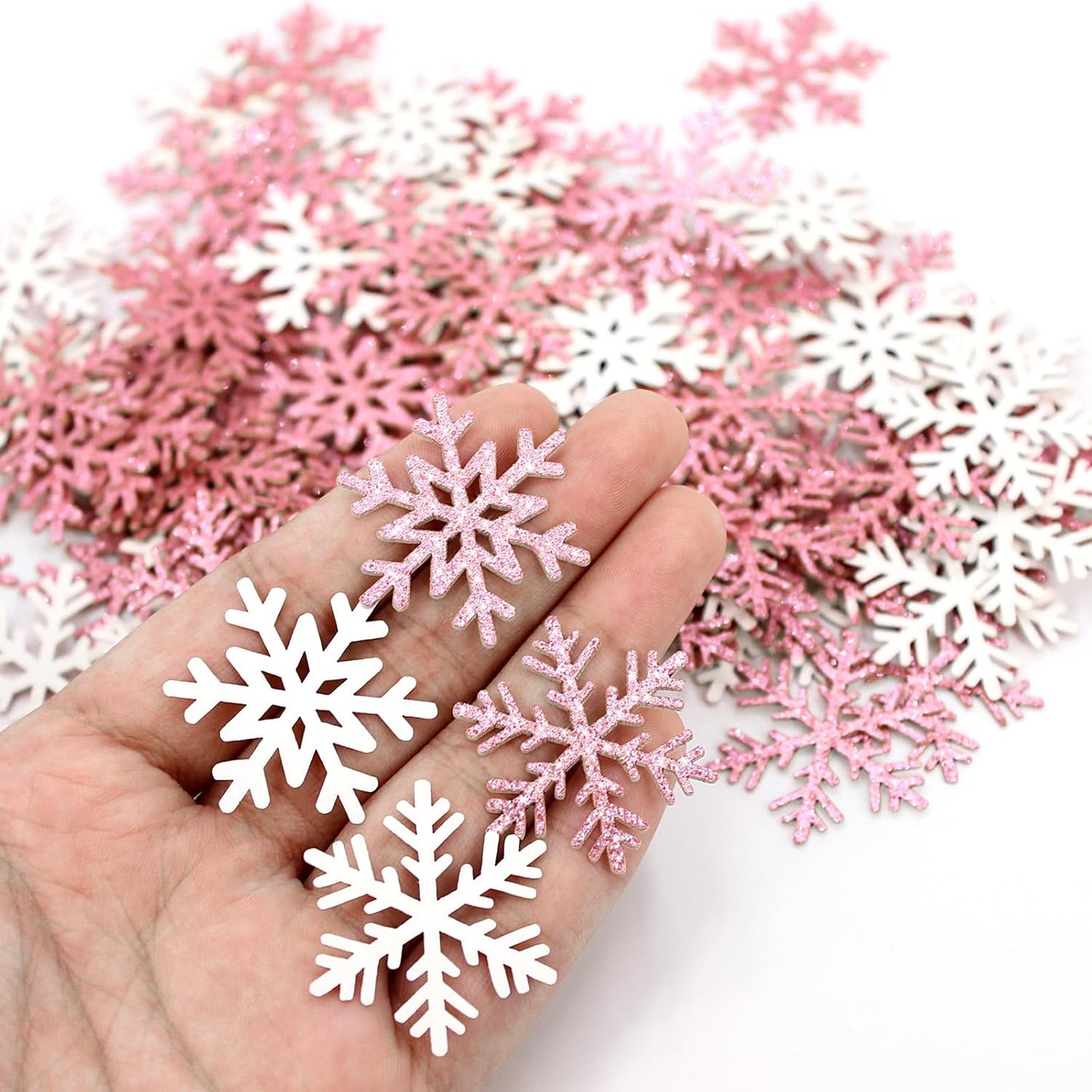 200PC Pink Glitter Snowflake Confetti Winter Onderland Decorations Paper Snowflakes Table Scatter for Winter Wonderland Birthday Baby Shower Party Decor