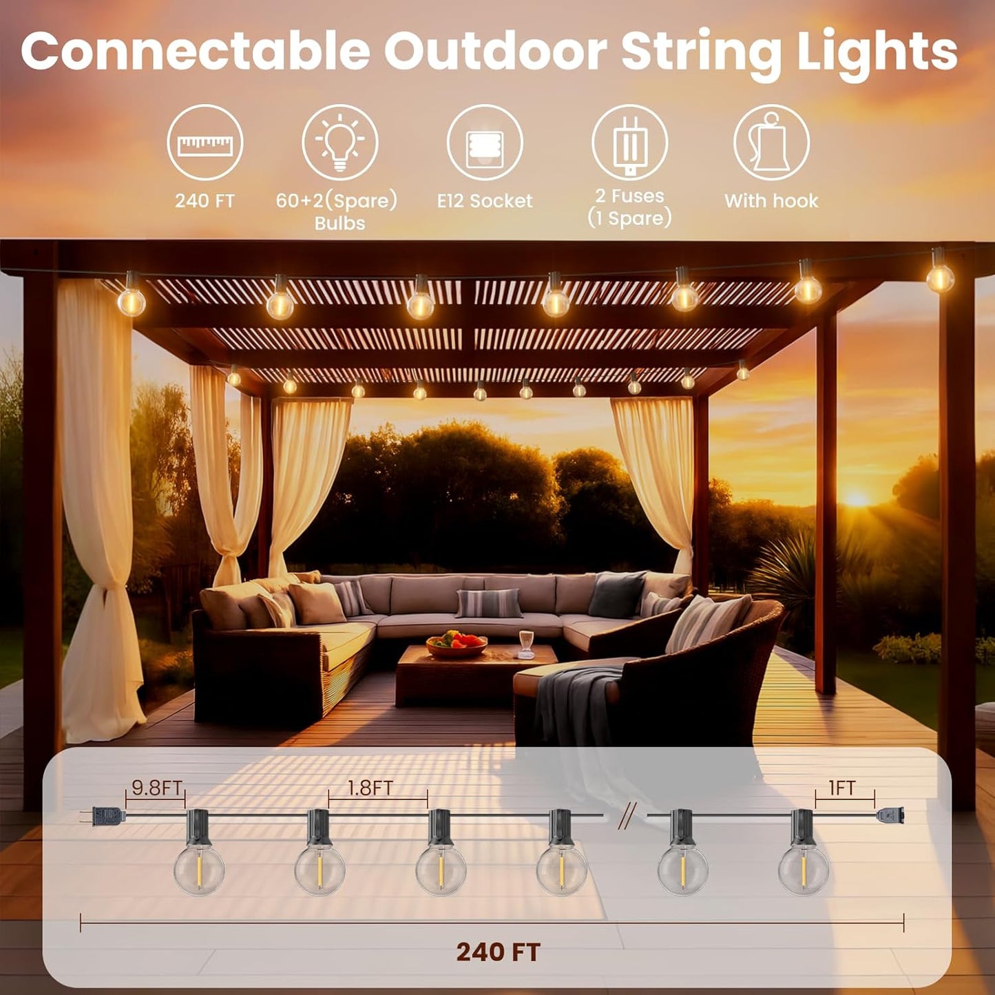 RTTY Outdoor String Lights 240 ft, 2 Pack 120 ft G40 Led Patio Lights with 62pcs Bulbs,Shatterproof Waterproof Connectable Hanging for Porch Cafe Bistro Backyard Gazebo Balcony Deck Party