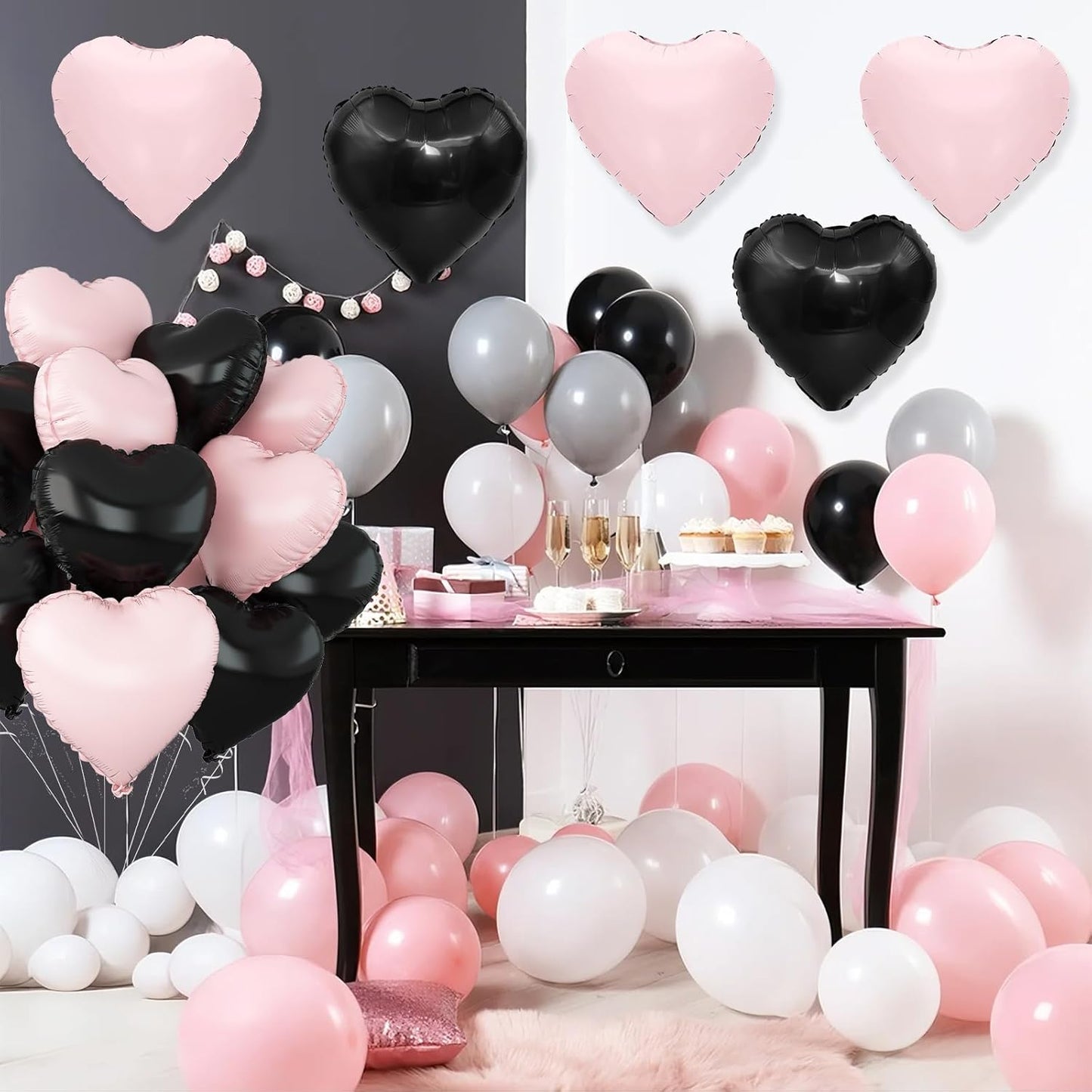Black and Pink Heart Balloons,12Pcs 18Inch Baby Pink Black Heart Shaped Foil Helium Balloons for Baby Shower Birthday Anniversary Wedding Engagement Party Decorations