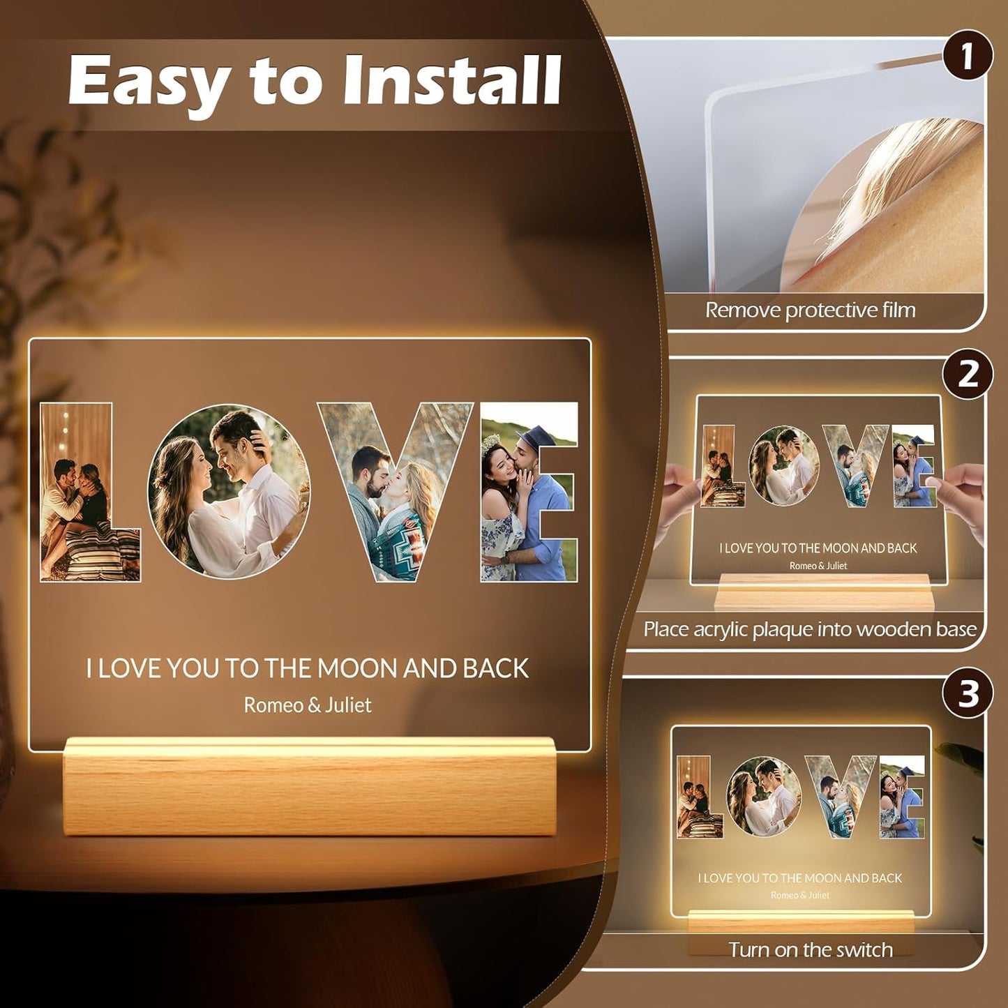 Custom Picture Frames with Photo, Personalized LOVE Photo Frame with Night Light, Customized Picture Frame, Personalized Anniversary Birthday Gifts for Women, Men, Him, Her, Girlfriend, Boyfriend, Couple