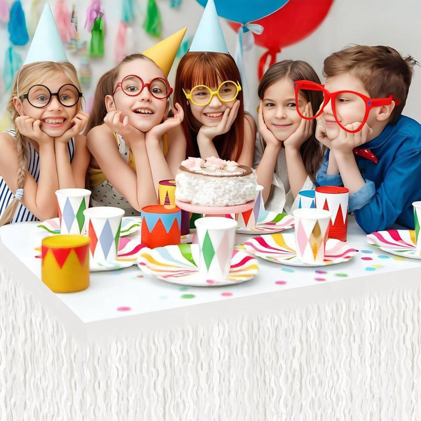 6 Pack 29x108 Inch Macaron White Wave Foil Fringe Table Skirts Metallic Banner for Tinsel Streamer Garland Backdrop for Parade Floats Wedding, Mother's Day, Birthday Mardi Gras Party Decorations