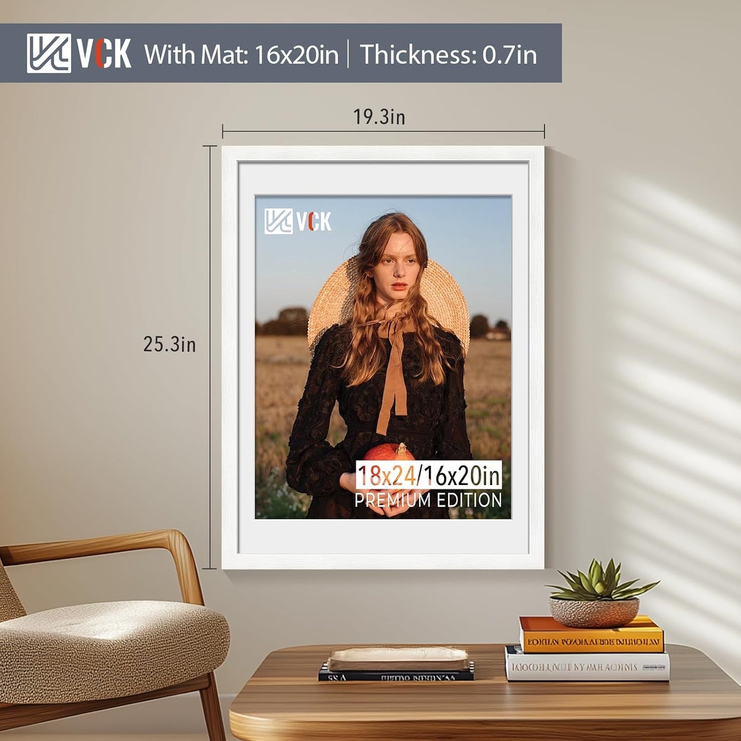 VCK 18x24 Frame 2 Pack, Exclusive Textured Solid Wood Poster Frame, Display Picture 16x20 with Mat or 18x24 without Mat, White