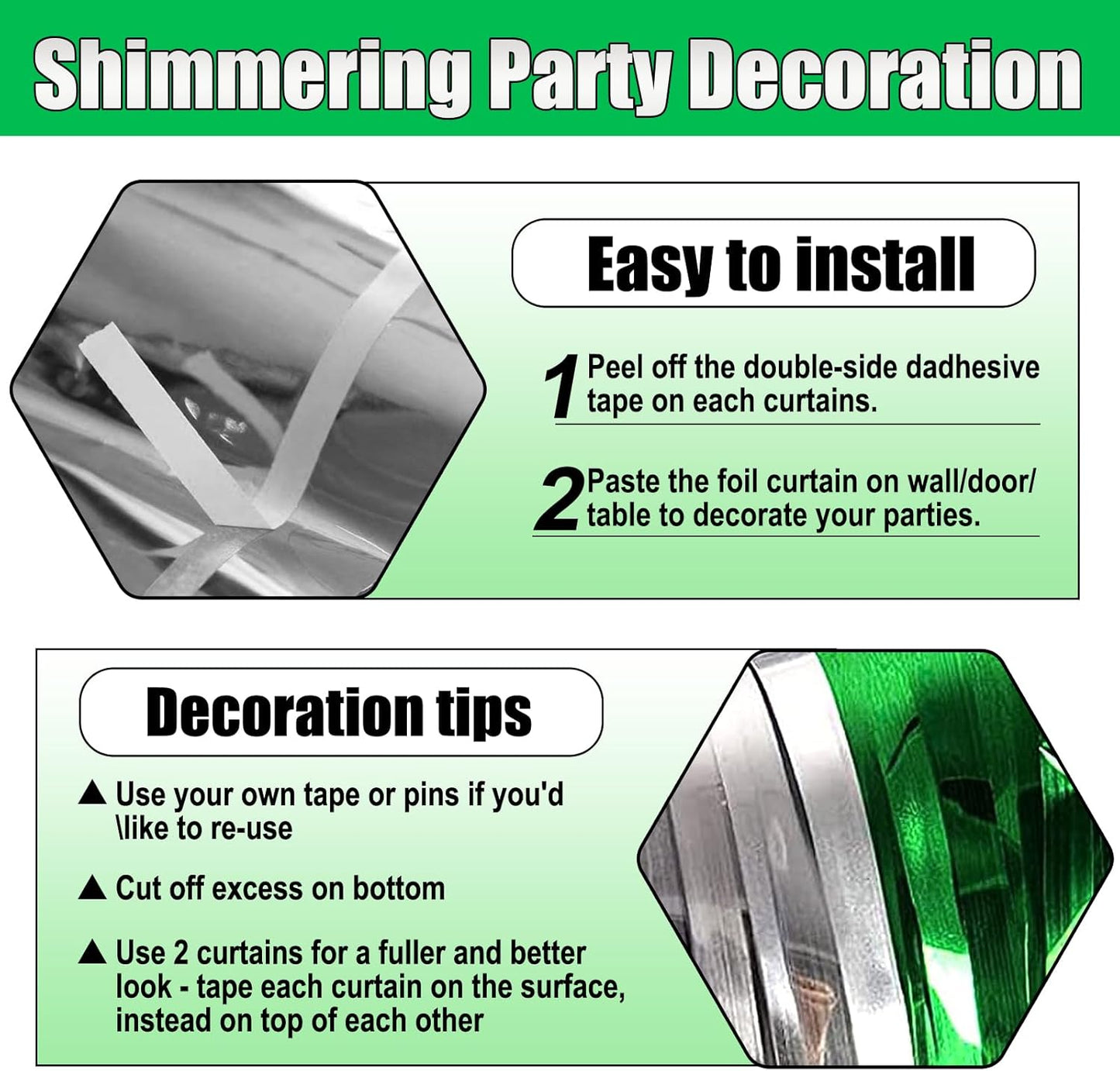 3 Pack Silver Green Foil Fringe Curtain Backdrop, 3.28Ft x 8.2Ft Metallic Tinsel Foil Fringe Streamer Curtains for Photo Booth, Mother's Day, Easter, Birthday, Wedding Party Decorations