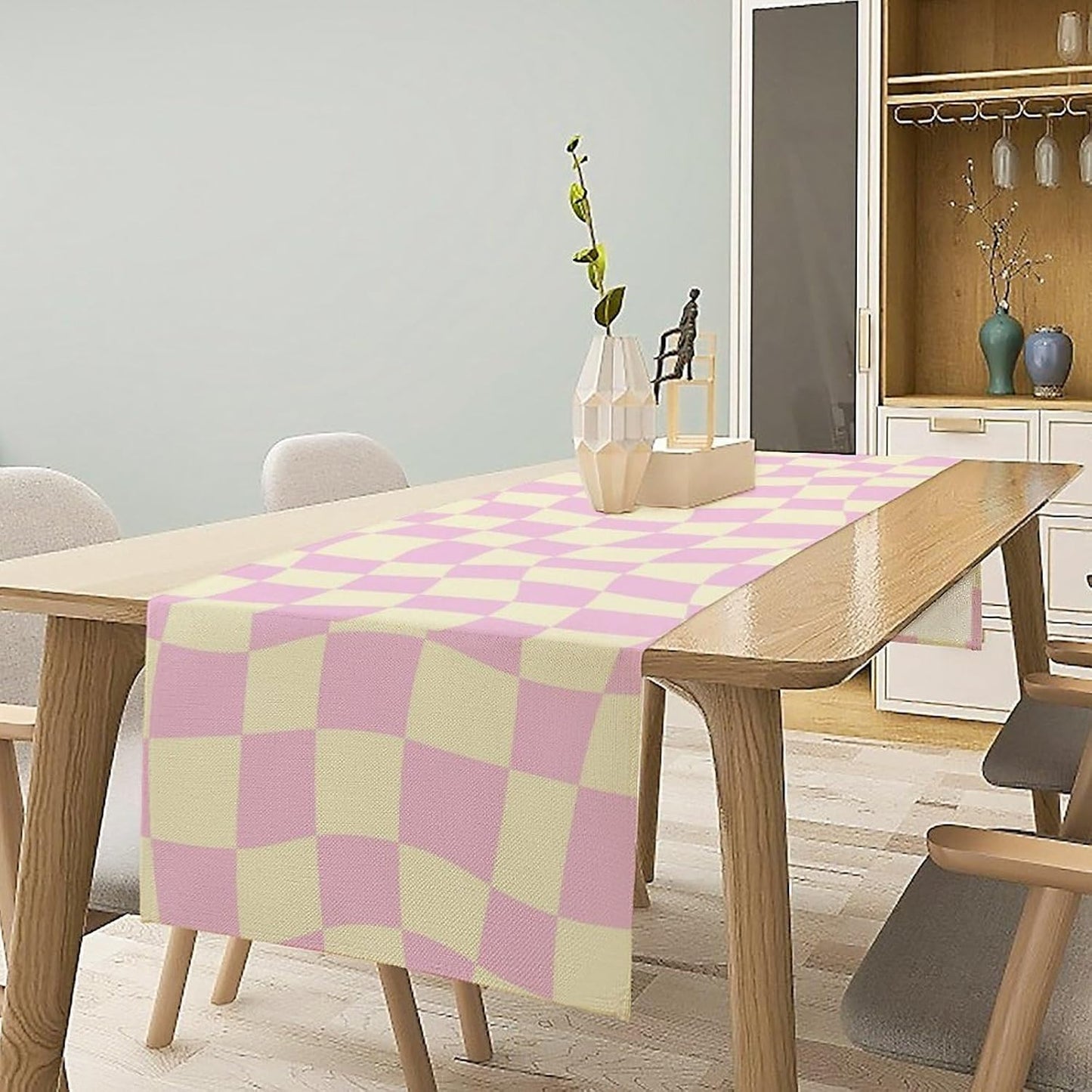 Hippie Table Runner Retro Geometric Square Purple Grid 60s70s Style Kitchen Restaurant Decoration for Indoor and Outdoor Wedding Party Table Runner 13x60 Inch