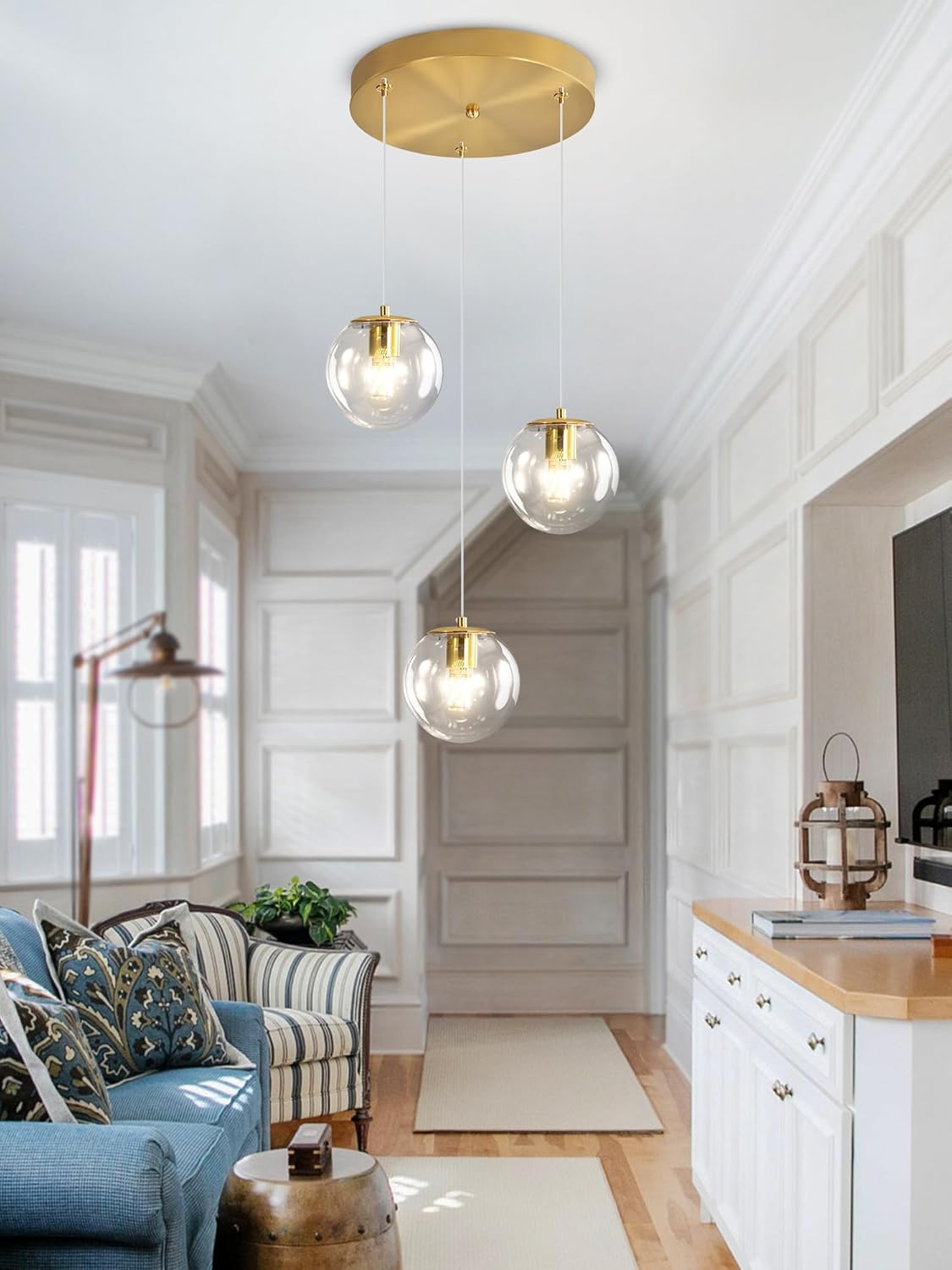 Globe Glass Pendant Light Modern Gold Clear Globe Glass Chandelier Mid Century Chandelier 3-Light Hanging Fixture for Kitchen Island Foyer Hallway Dining Room
