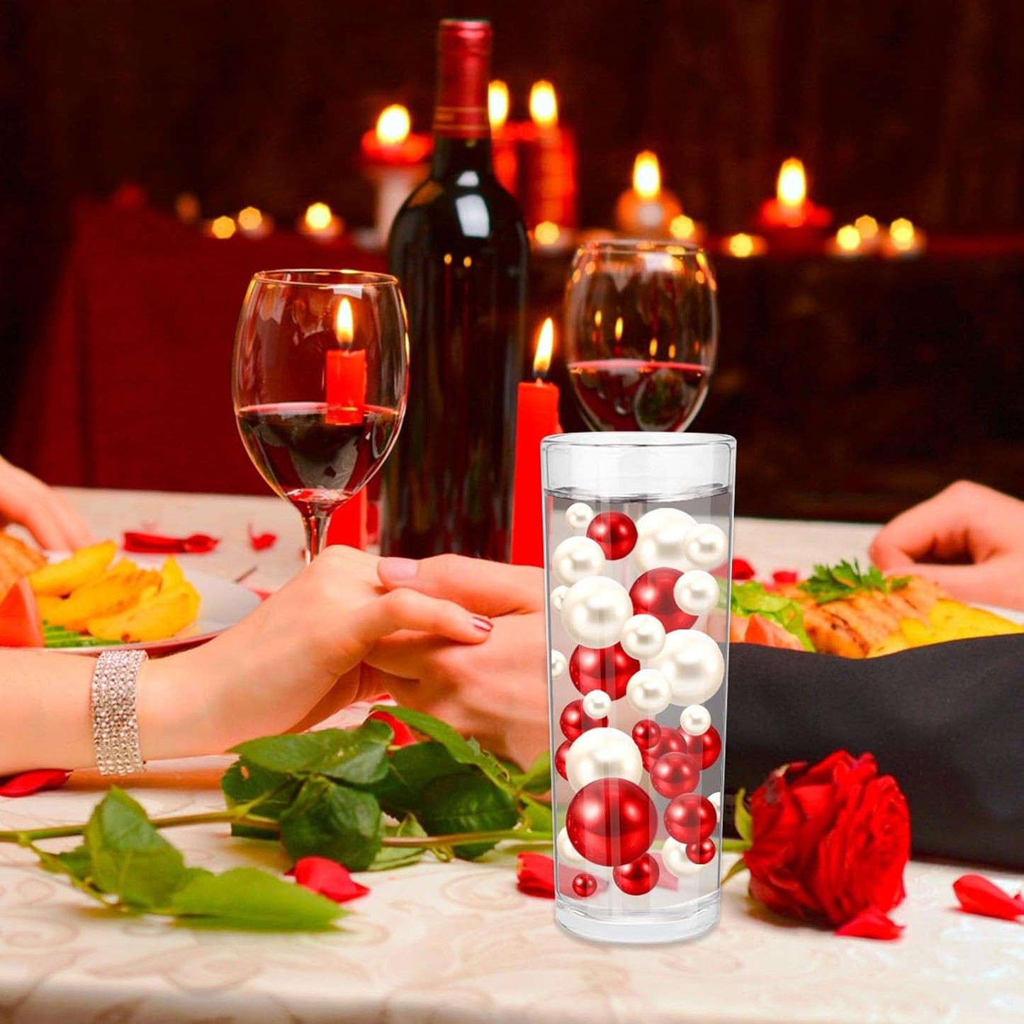 100PCS Red White Faux Pearls Beads for Centerpiece Vases, Vase Filler Faux Pearls, No Holes Filler Beads for Party Anniversary Birthday Wedding Table Decor, 14/20/30mm