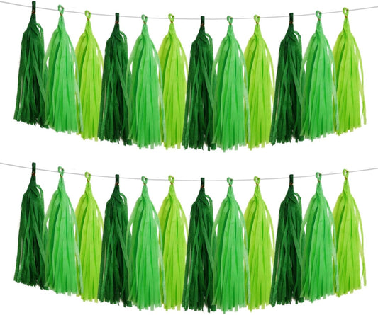 GAKA Dark Green and Light Green Tissue Paper Tassel(3 Colors),Paper Tassel Garland Banner for Jungle Birthday Party Decor Supplies,15 PC