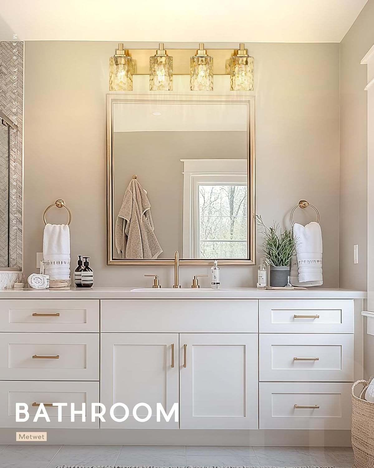 4-Light Bathroom Light Fixtures, 24.5 Inch Brushed Gold Vanity Lights with Clear Hammered Glass Cylinder Shade, Modern Vanity Lighting Fixture Over Mirror, VL198-BG-4